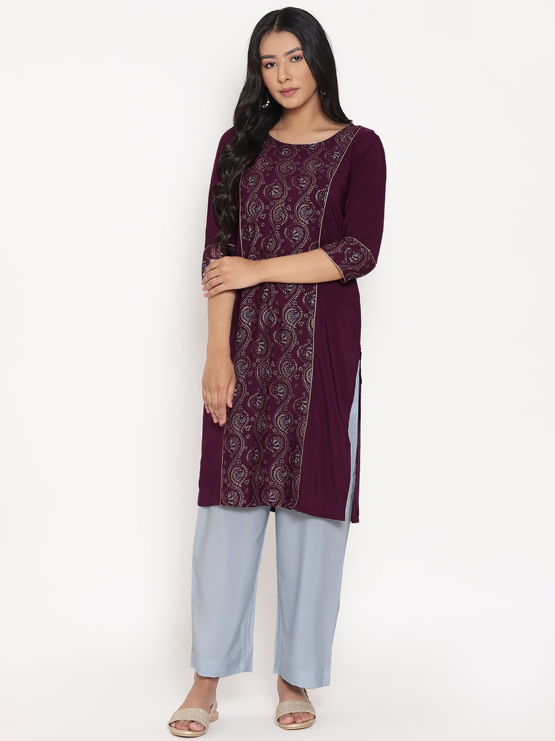 

AURELIA Women Purple Ethnic Motifs Printed Regular Sequinned Kurta with Palazzos