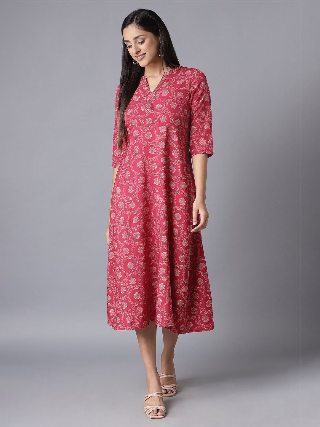 

AURELIA Pink Floral Ethnic A-Line Midi Dress