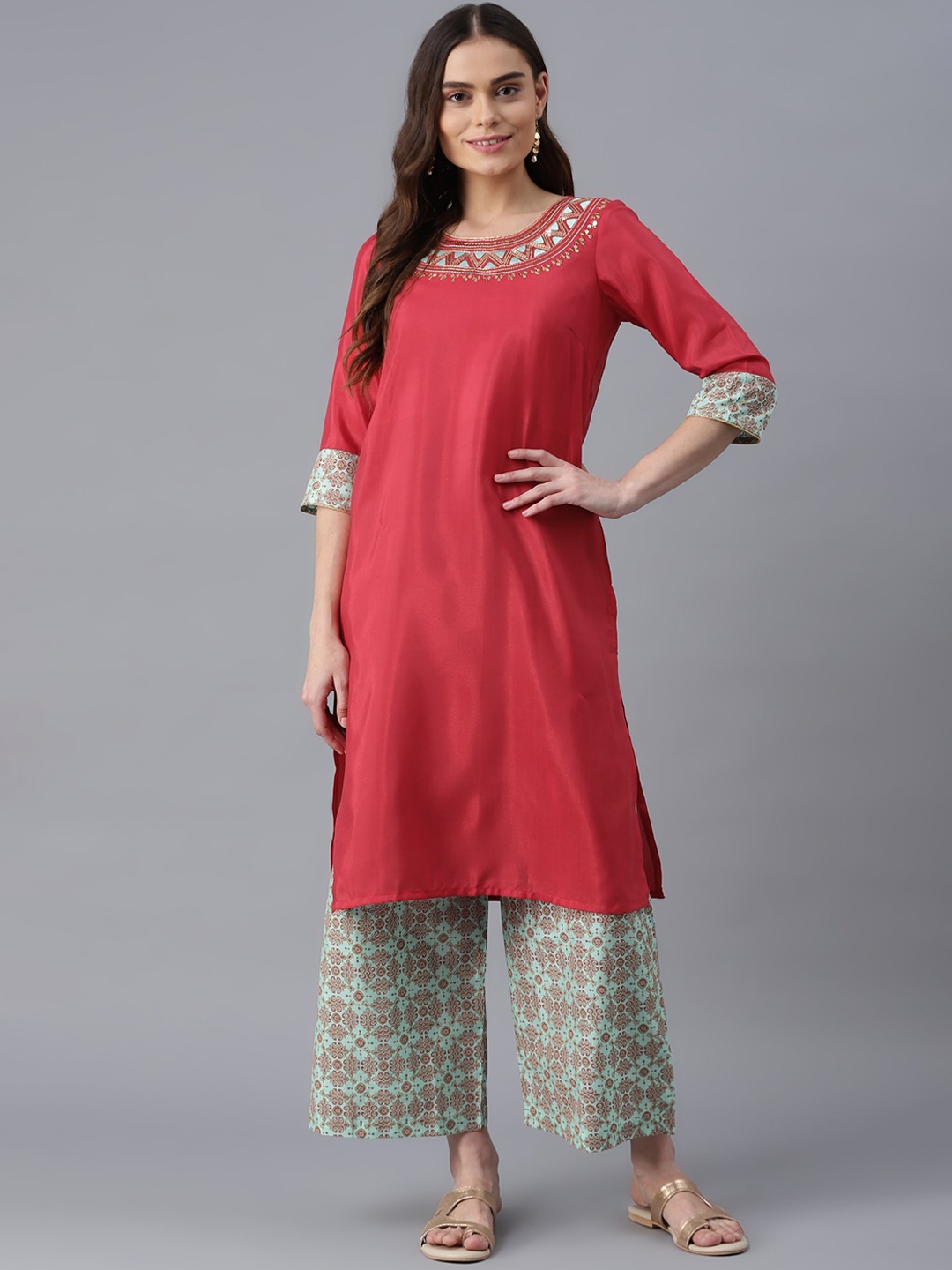 

AURELIA Women Pink Ethnic Motifs Yoke Design Regular Kurta with Palazzos