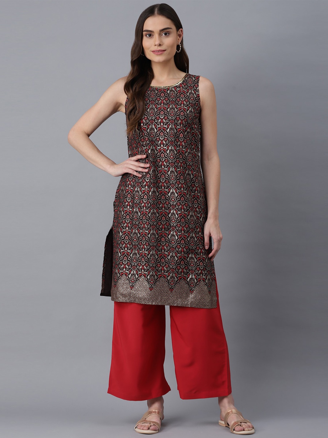 

AURELIA Women Grey Ethnic Motifs Printed Regular Kurta with Palazzos