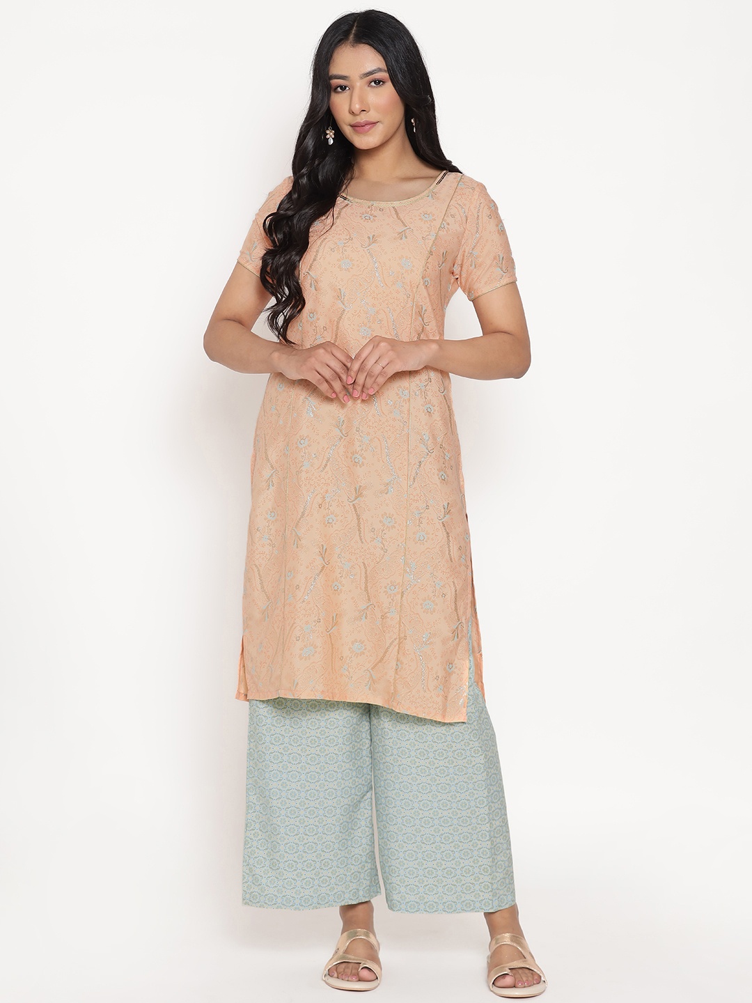

AURELIA Women Peach-Coloured Regular Sequinned Kurta with Palazzos