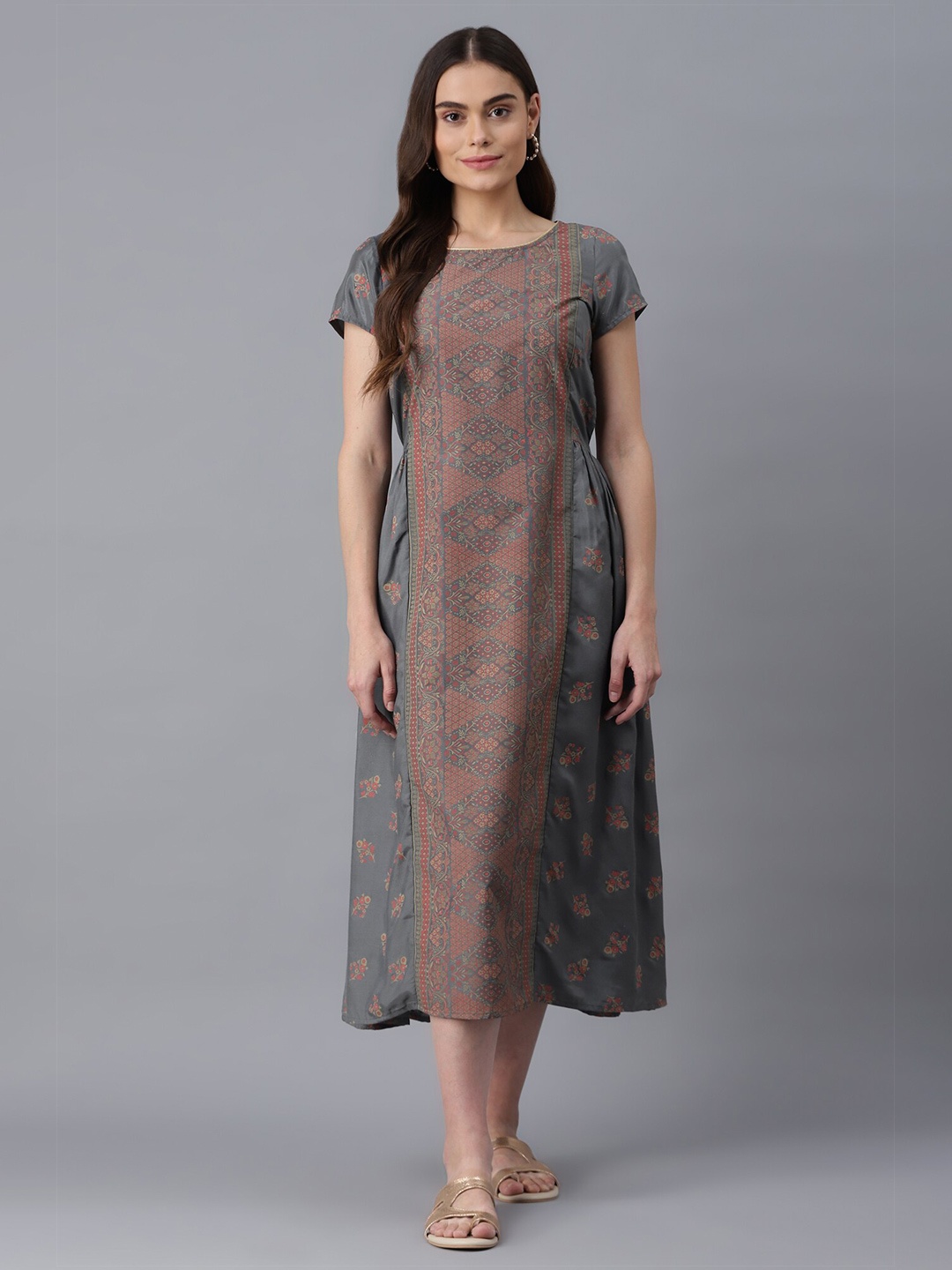 

AURELIA Grey Floral Ethnic A-Line Midi Dress