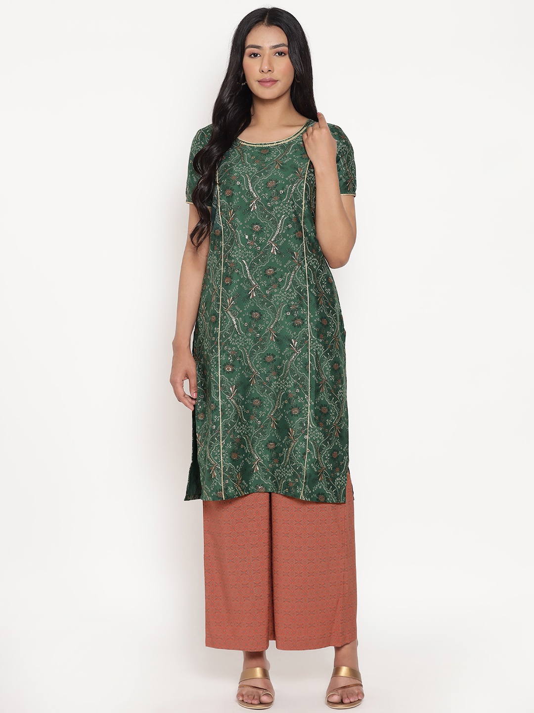 

AURELIA Women Green Ethnic Motifs Printed Panelled Gotta Patti Kurta with Palazzos