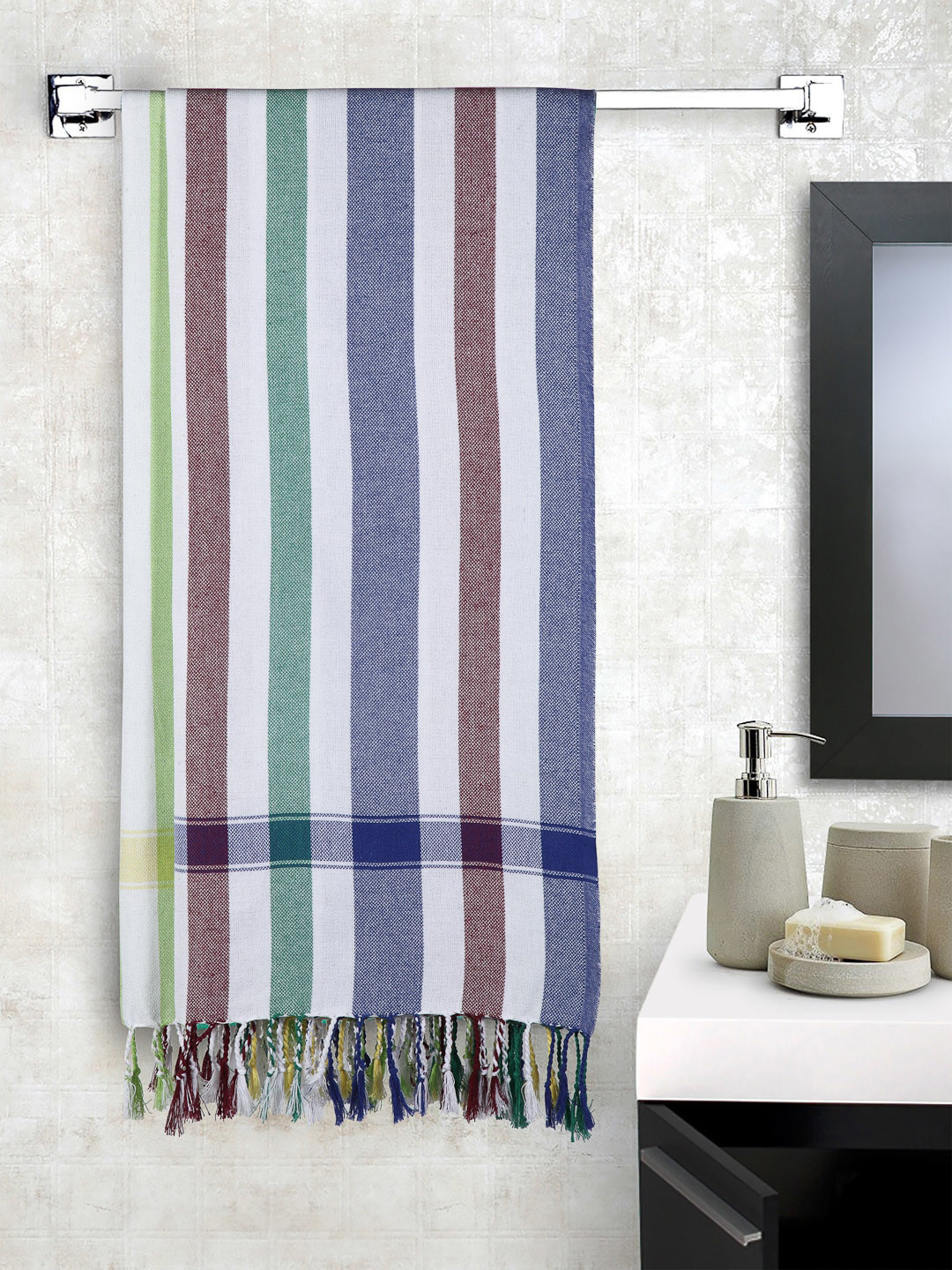 

Arrabi Set Of 2 Blue & Yellow Striped 210 GSM Bath Towels
