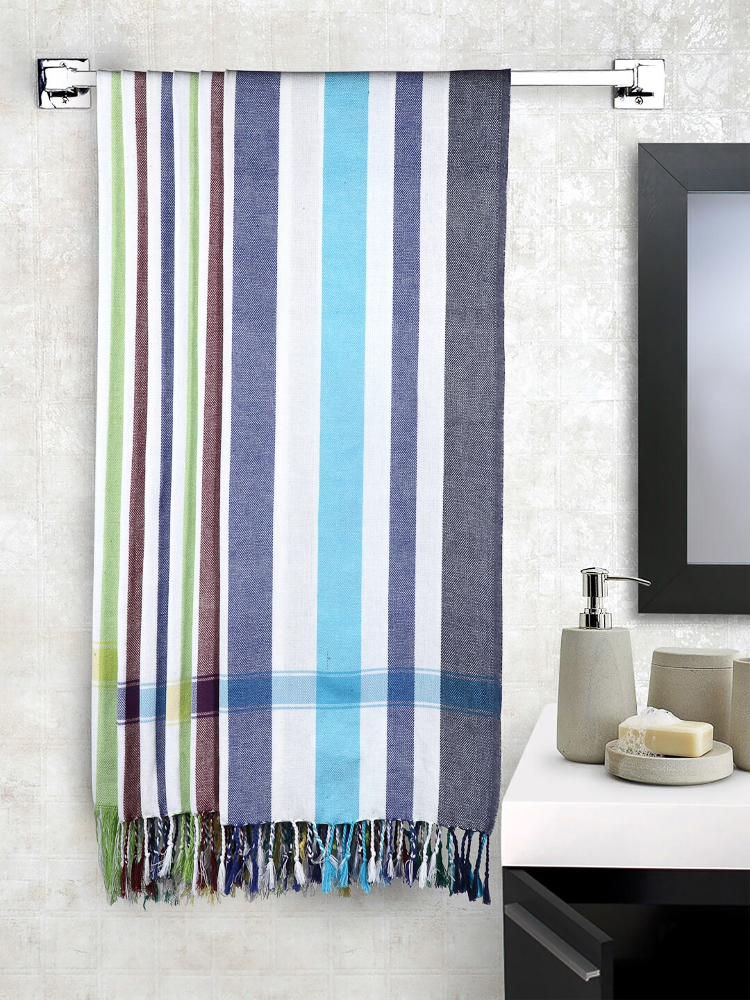 

Arrabi Set Of 6 White & Blue Striped 210 GSM Cotton Bath Towels, Multi