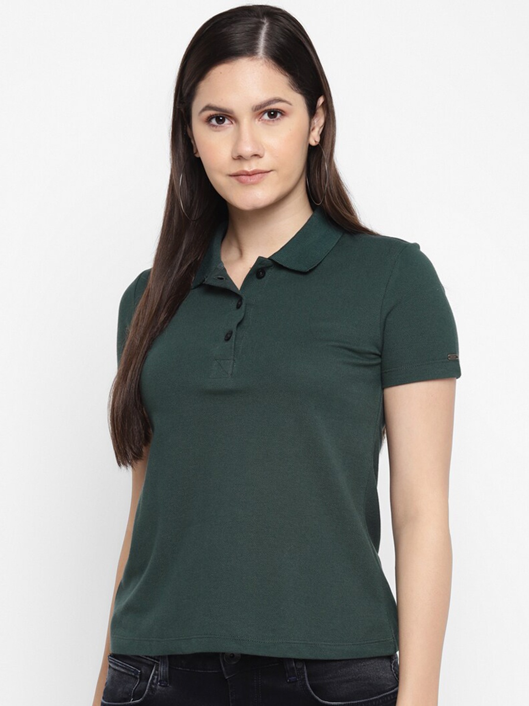 

LAMOURE BY RED CHIEF Women Olive Green Polo Collar T-shirt