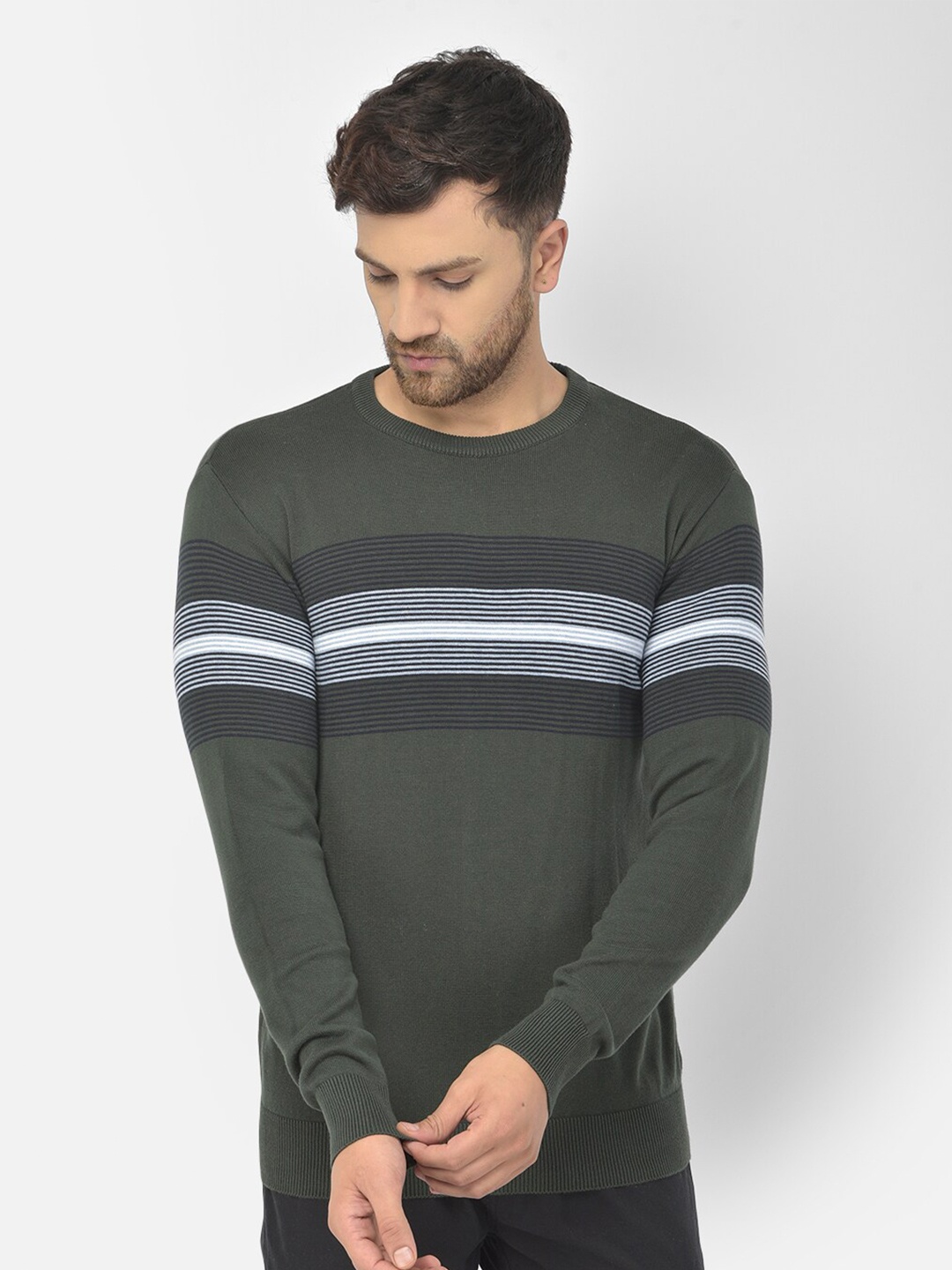 

COBB Men Olive Green & Black Striped Acrylic Pullover