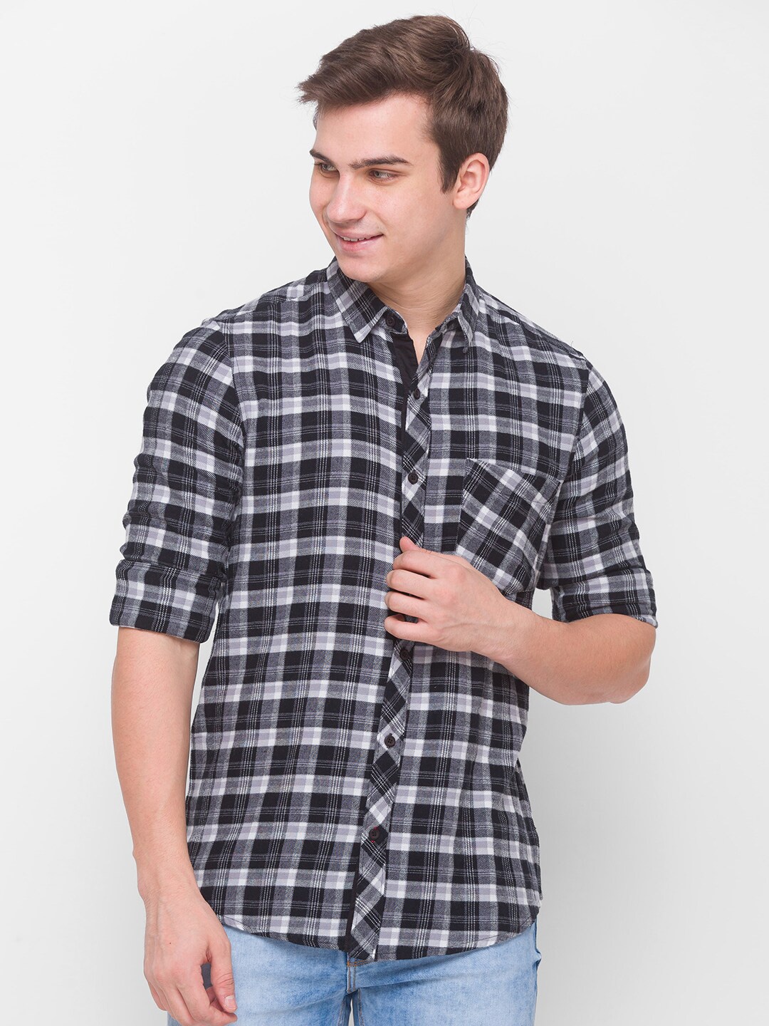 

Globus Men Black Tartan Checks Opaque Checked Casual Shirt