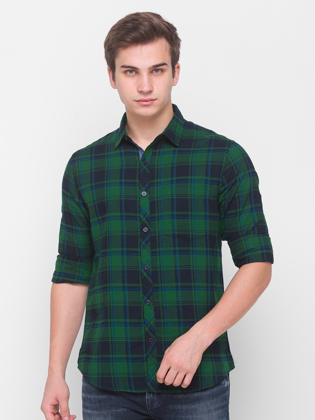 

Globus Men Green & Blue Tartan Checks Opaque Checked Casual Shirt