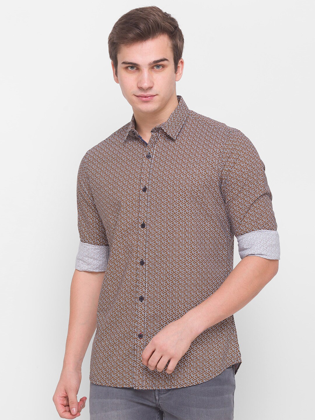 

Globus Men Brown Micro Checks Opaque Printed Casual Cotton Shirt