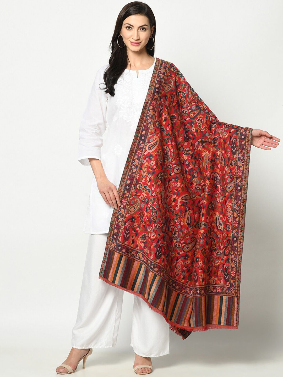 

Safaa Women Red Woven Design Poly Wool Shawl