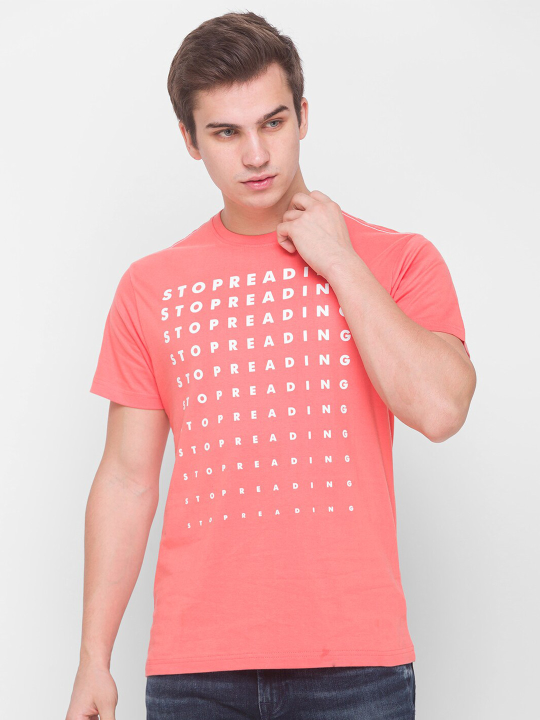 

Globus Men Coral Pink & Off White Typography Printed T-shirt