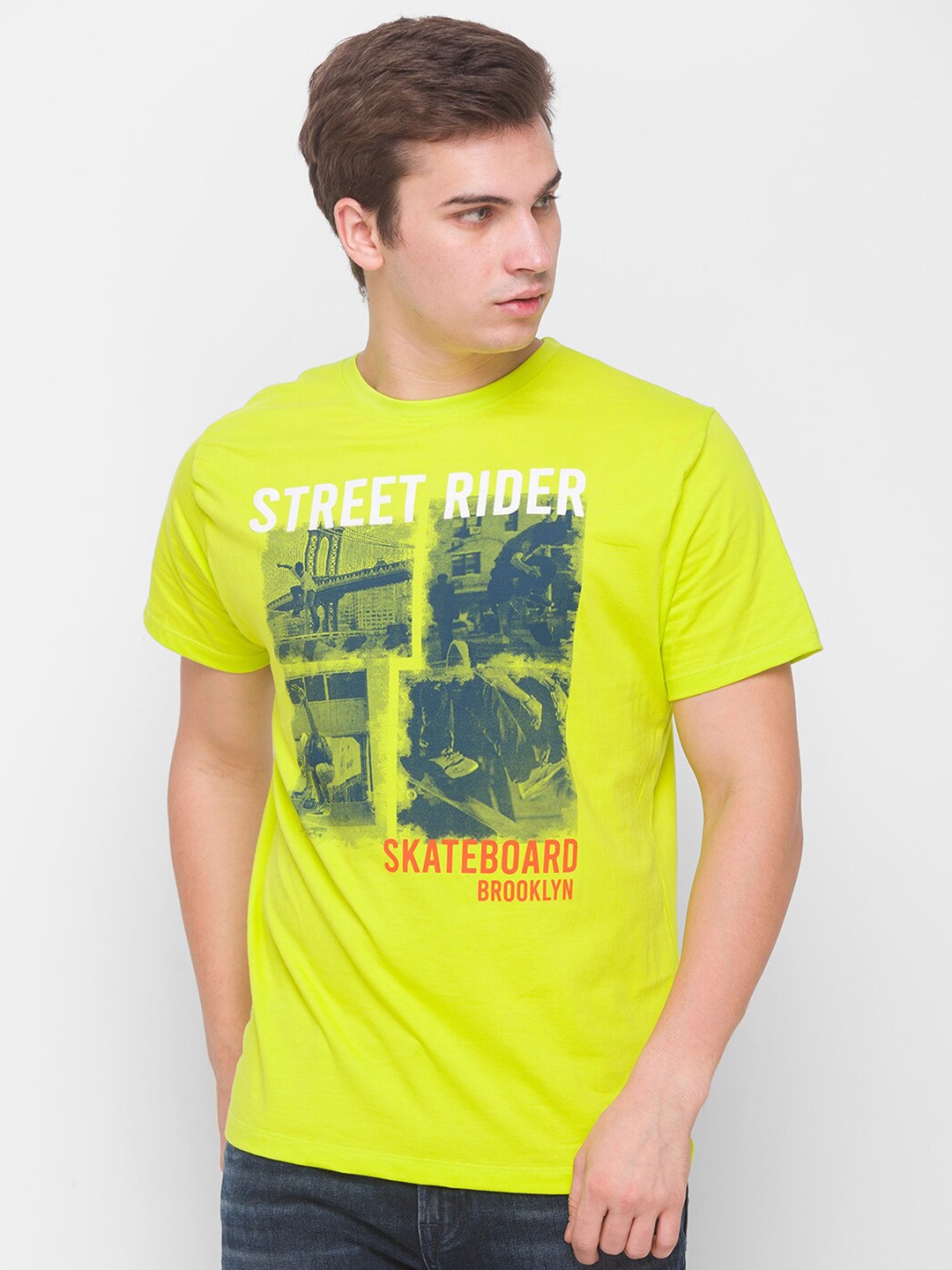 

Globus Men Lime Green & Blue Printed Round Neck T-shirt
