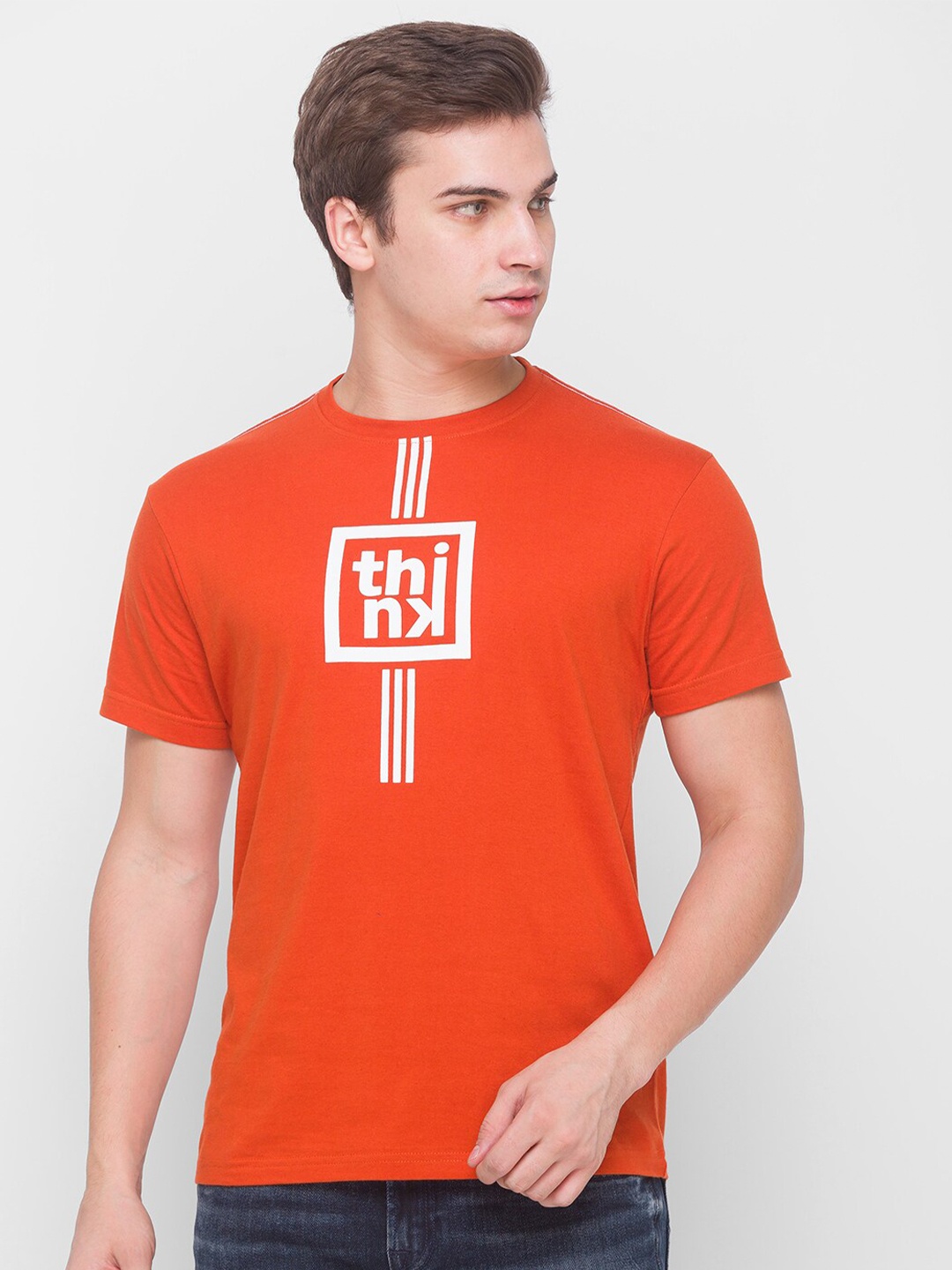 

Globus Men Rust Typography Printed Applique T-shirt