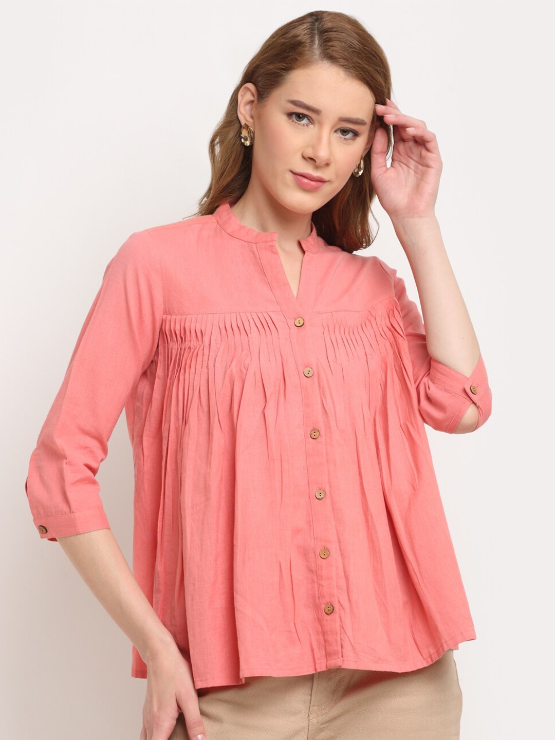 

Crozo By Cantabil Pink Mandarin Collar A-Line Top