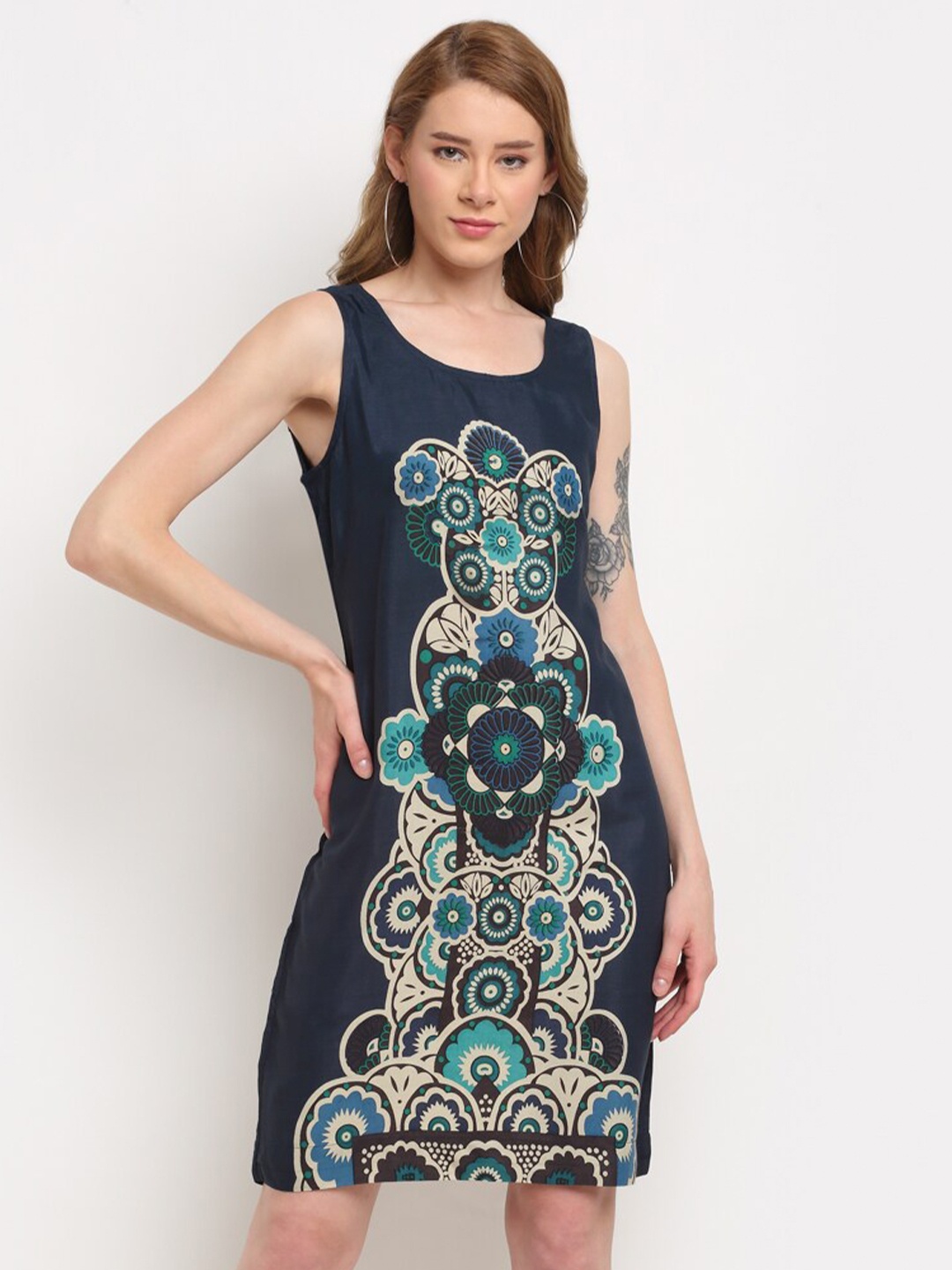 

Crozo By Cantabil Blue & Beige Ethnic Motifs A-Line Dress