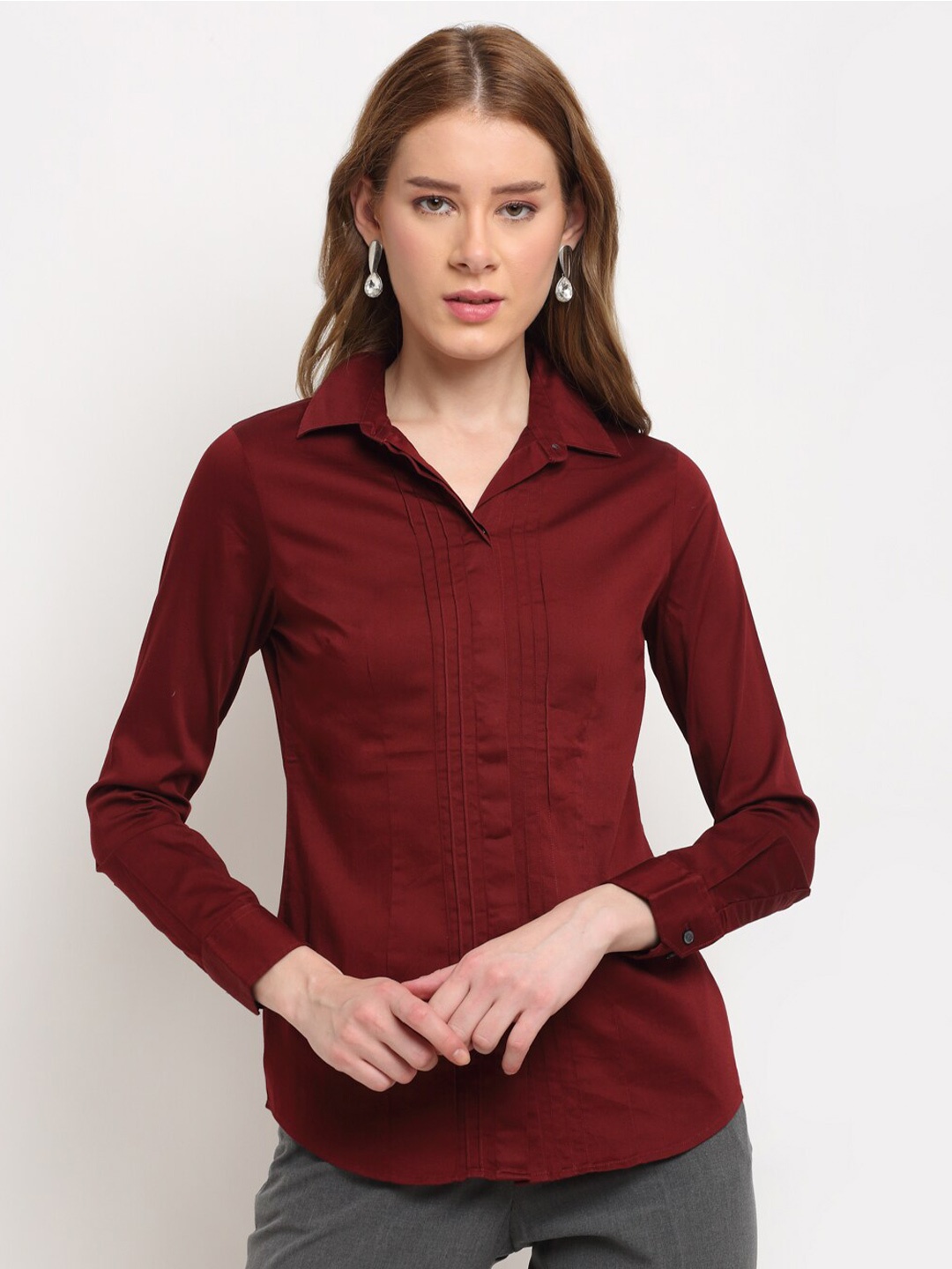 

Crozo By Cantabil Women Maroon Opaque Formal Shirt