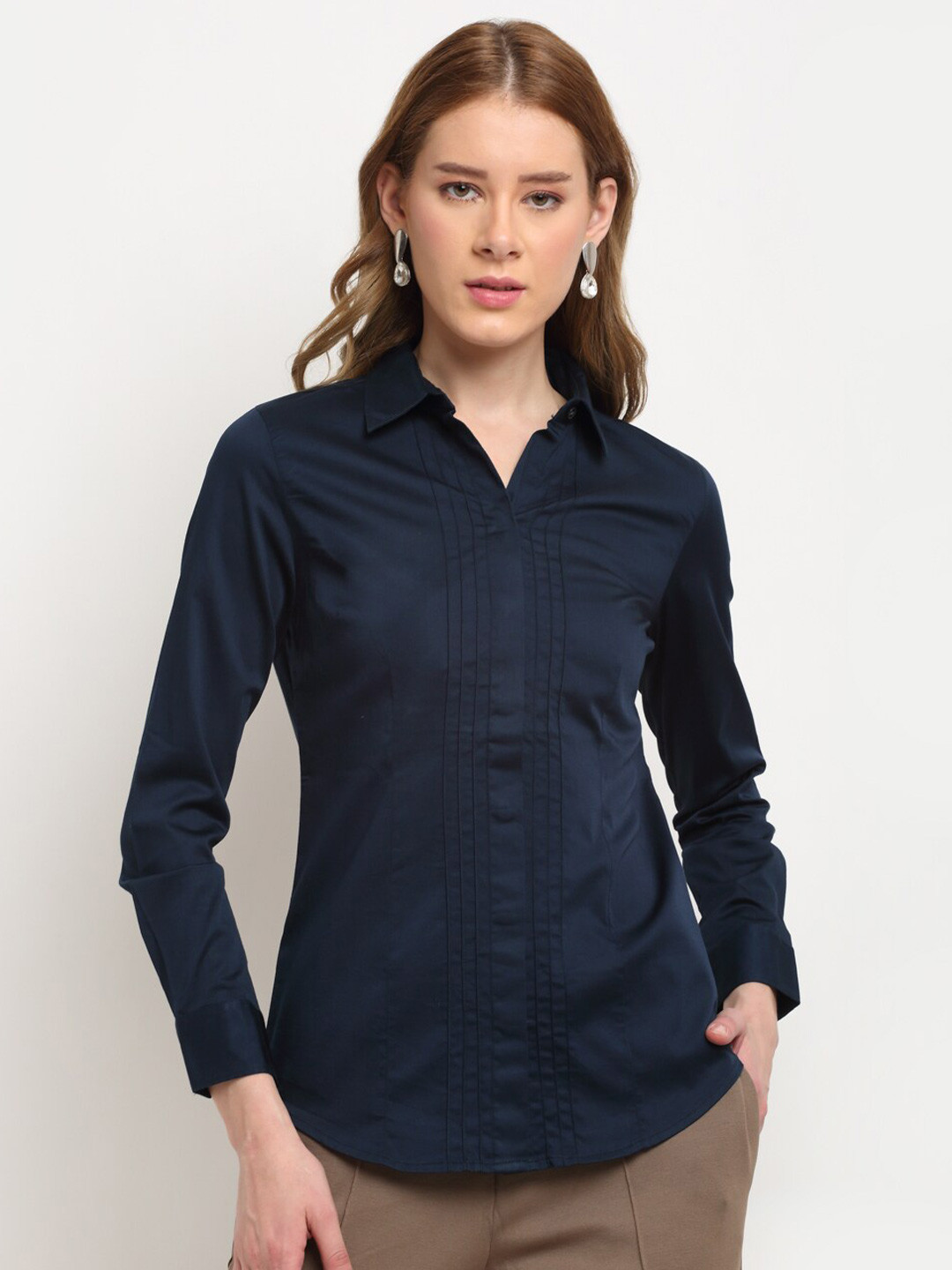 

Crozo By Cantabil Women Navy Blue Cotton Formal Shirt