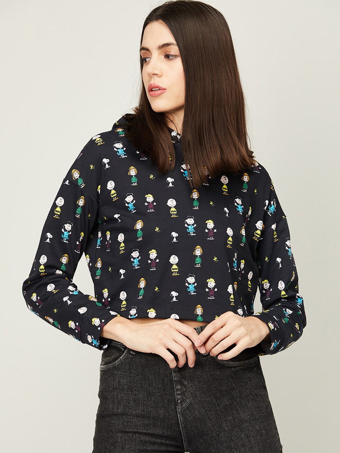 

Ginger by Lifestyle Women Black Printed Hooded Cotton Sweatshirt