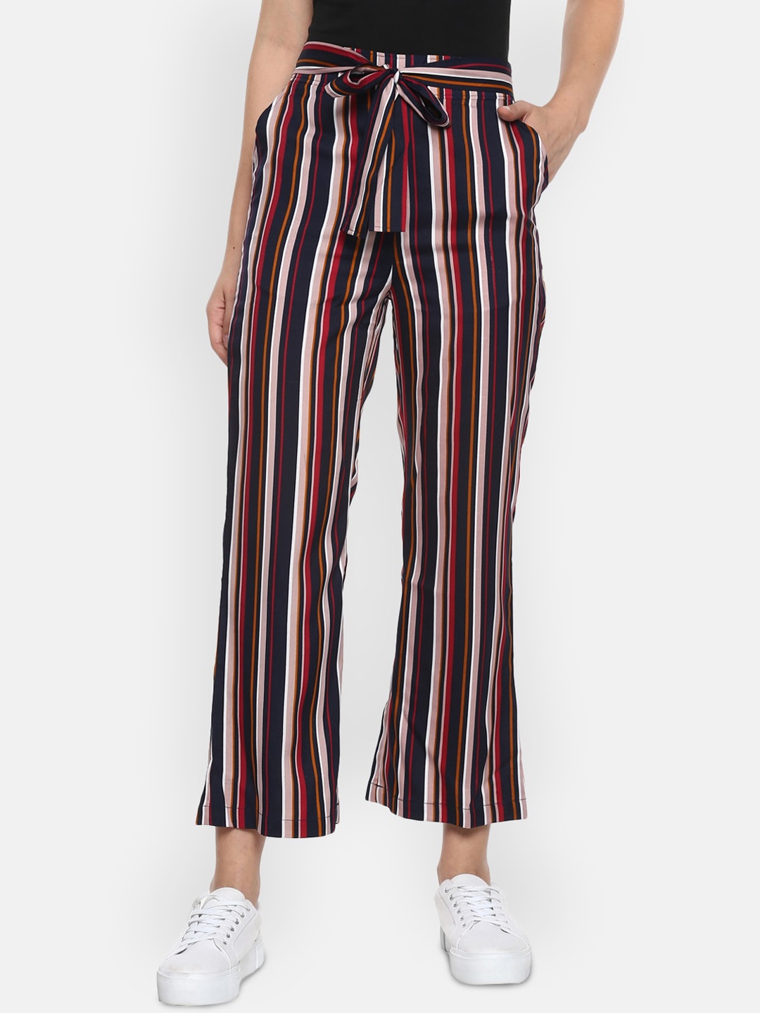 

LAMOURE BY RED CHIEF Women Black Striped Linen Parallel Trousers