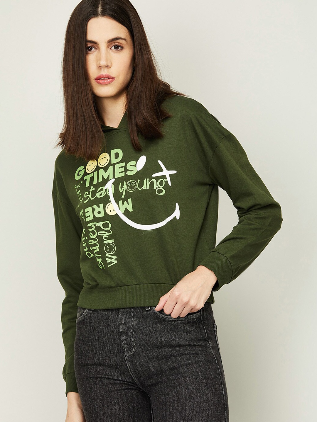

SmileyWorld Women Olive Green Printed Cotton Sweatshirt