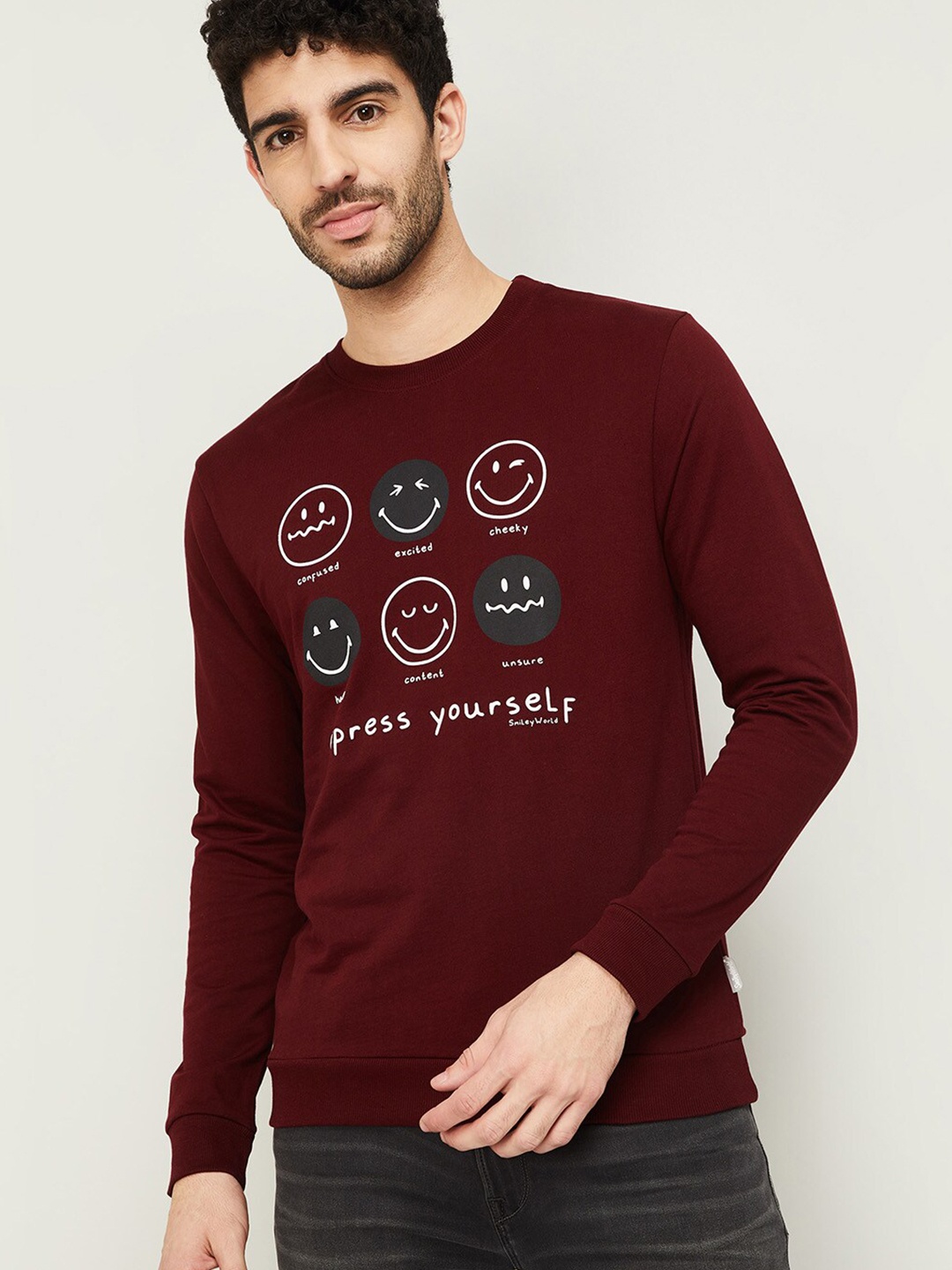 

SmileyWorld Men Red Printed Sweatshirt, Burgundy