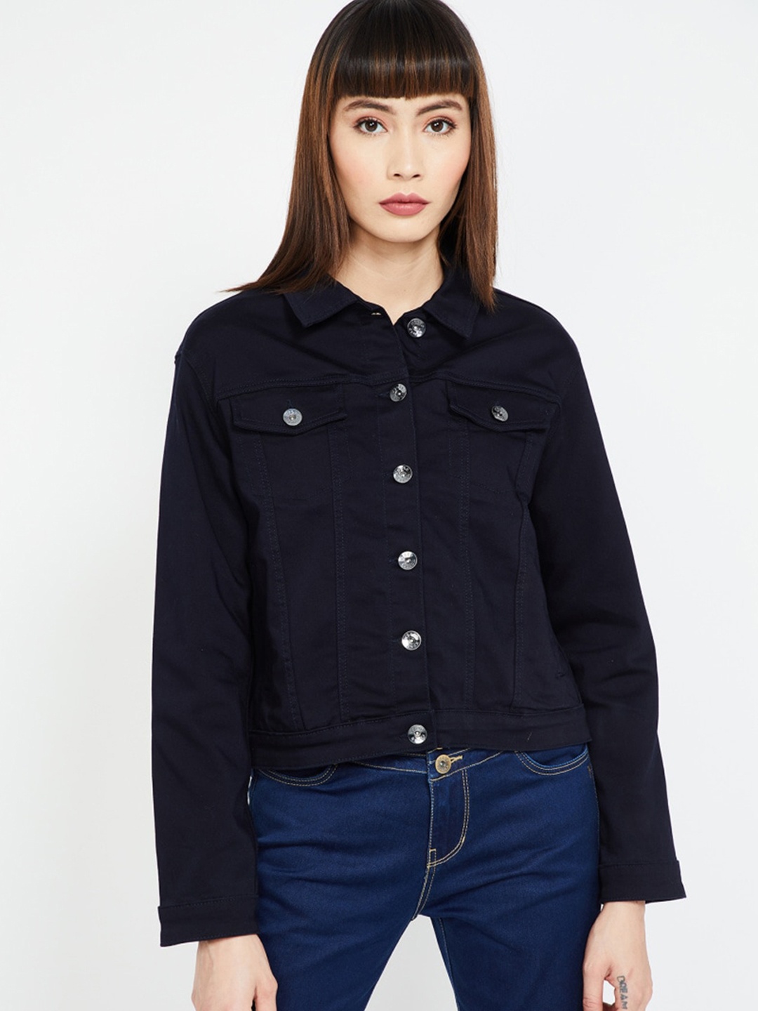 

Xpose Women Navy Blue Washed Denim Jacket