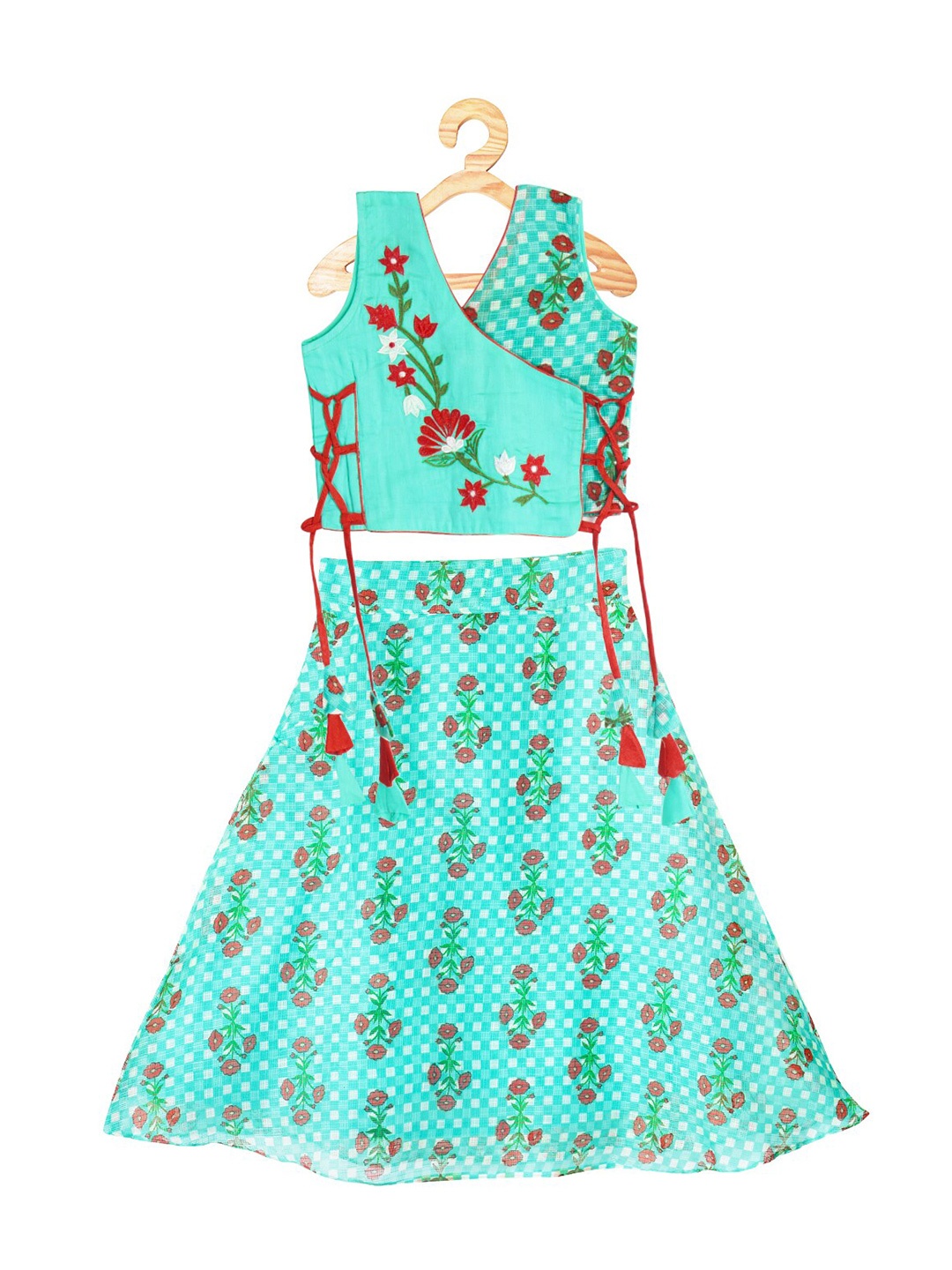 

Kinder Kids Girls Green & Red Printed Ready to Wear Cotton Lehenga Choli