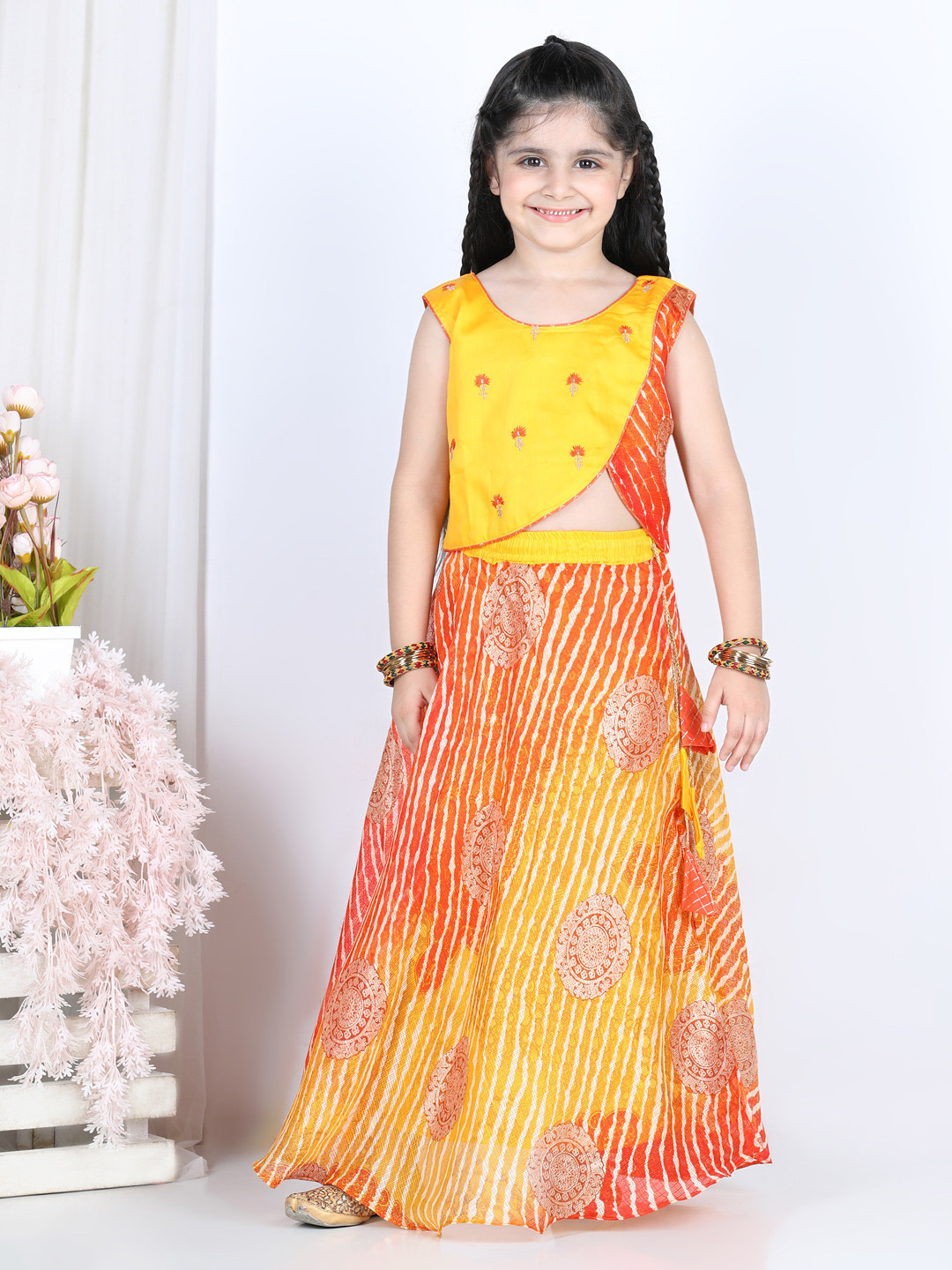 

Kinder Kids Girls Red & Yellow Printed Ready to Wear Lehenga Choli