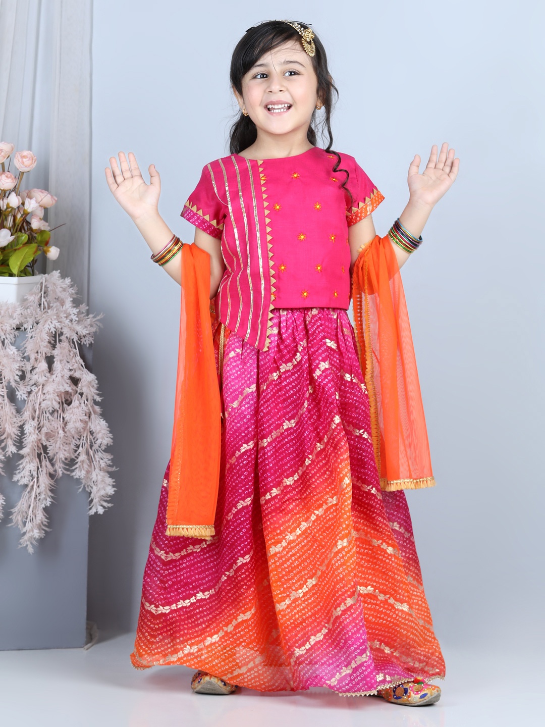 

Here&Now X Kinder Kids Girls Pink & Yellow Embroidered Ready to Wear Lehenga & Blouse With Dupatta