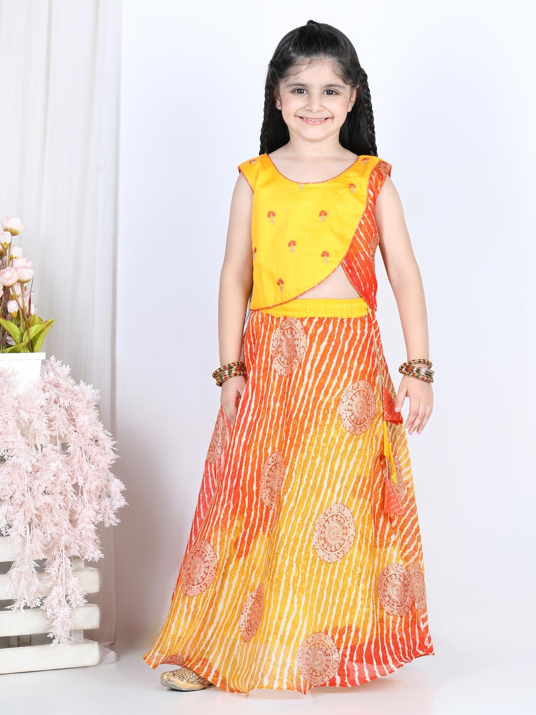 

Kinder Kids Girls Orange & Yellow Embroidered Ready to Wear Cotton Lehenga Choli