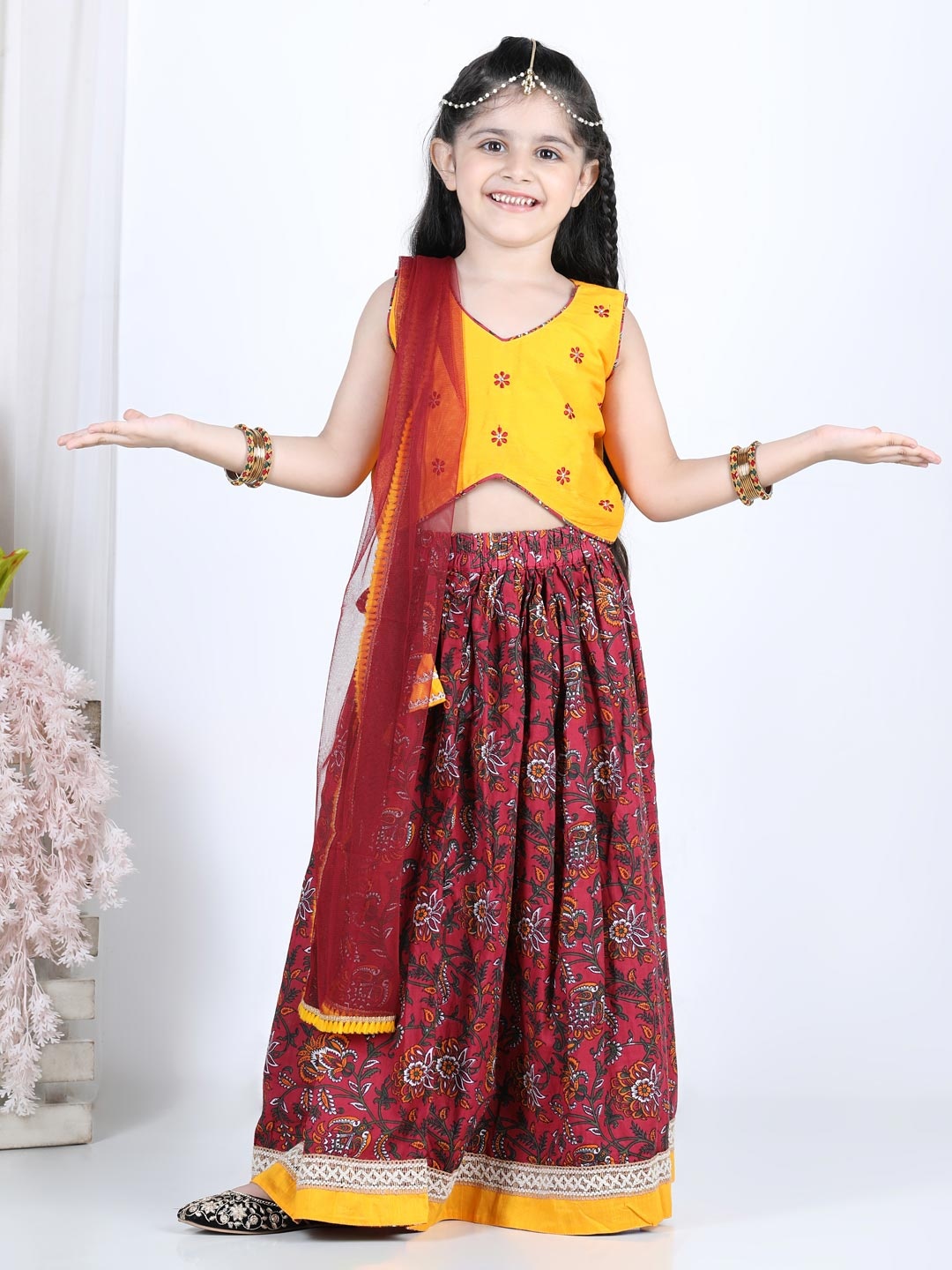 

Here&Now X Kinder Kids Girls Red & Yellow Embroidered Ready to Wear Lehenga & Blouse With Dupatta