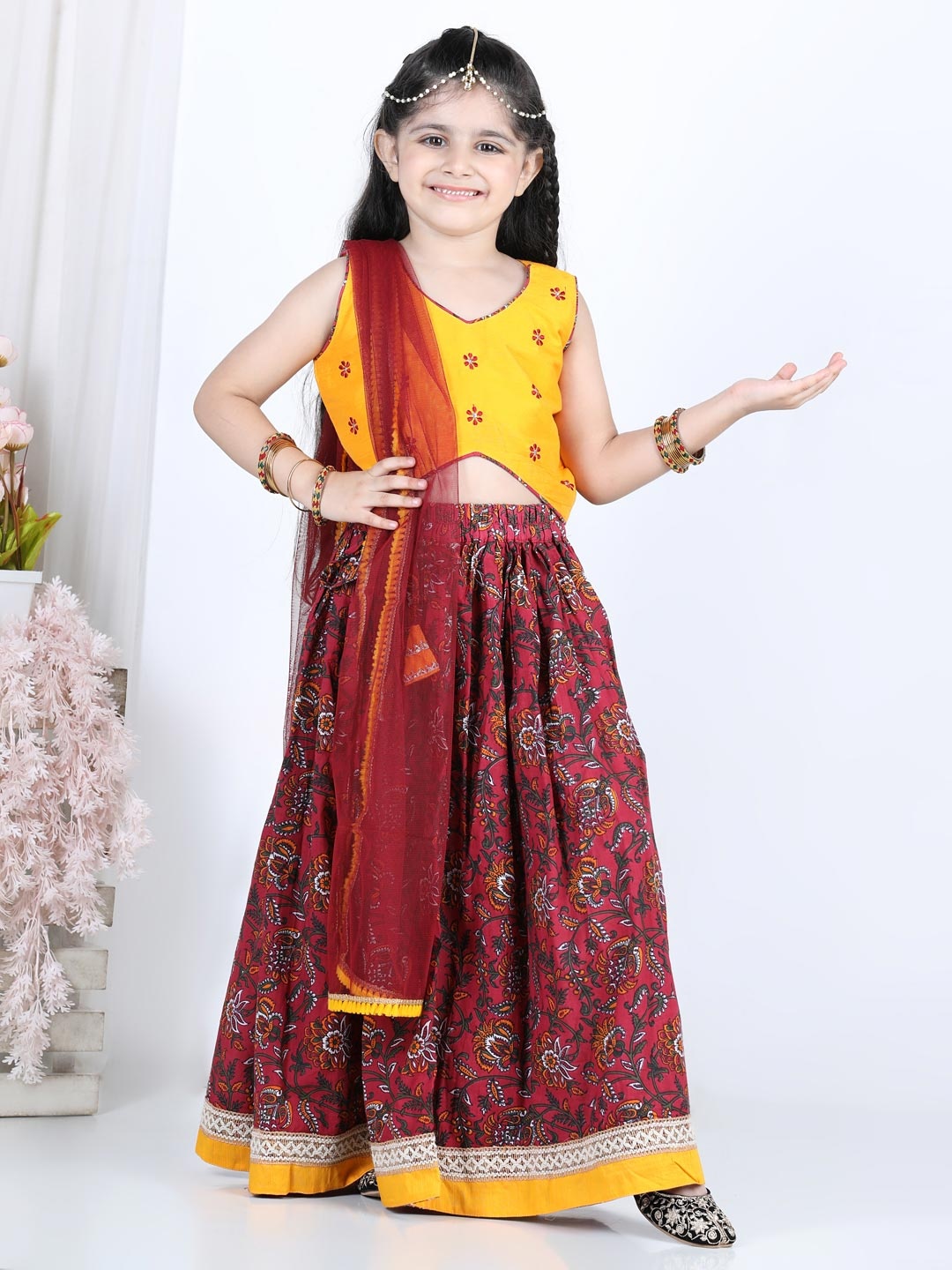 

Kinder Kids Girls Red & Maroon Embroidered Ready To Wear Lehenga Choli with Dupatta