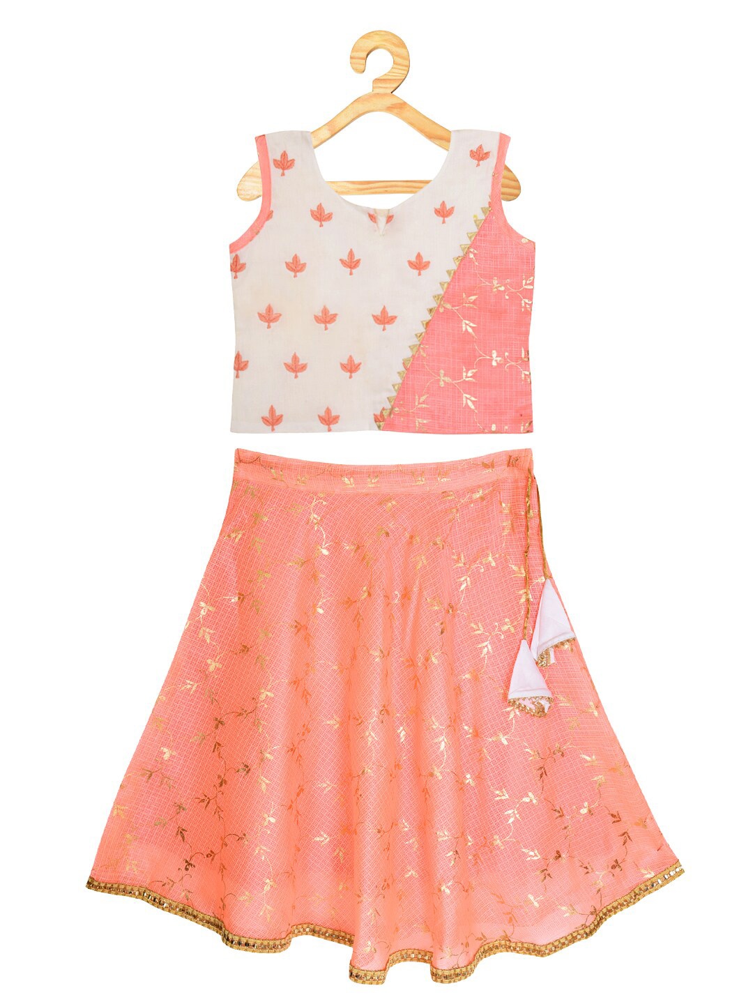 

Kinder Kids Girls Peach-Coloured & Gold-Toned Printed Ready to Wear Lehenga & Choli