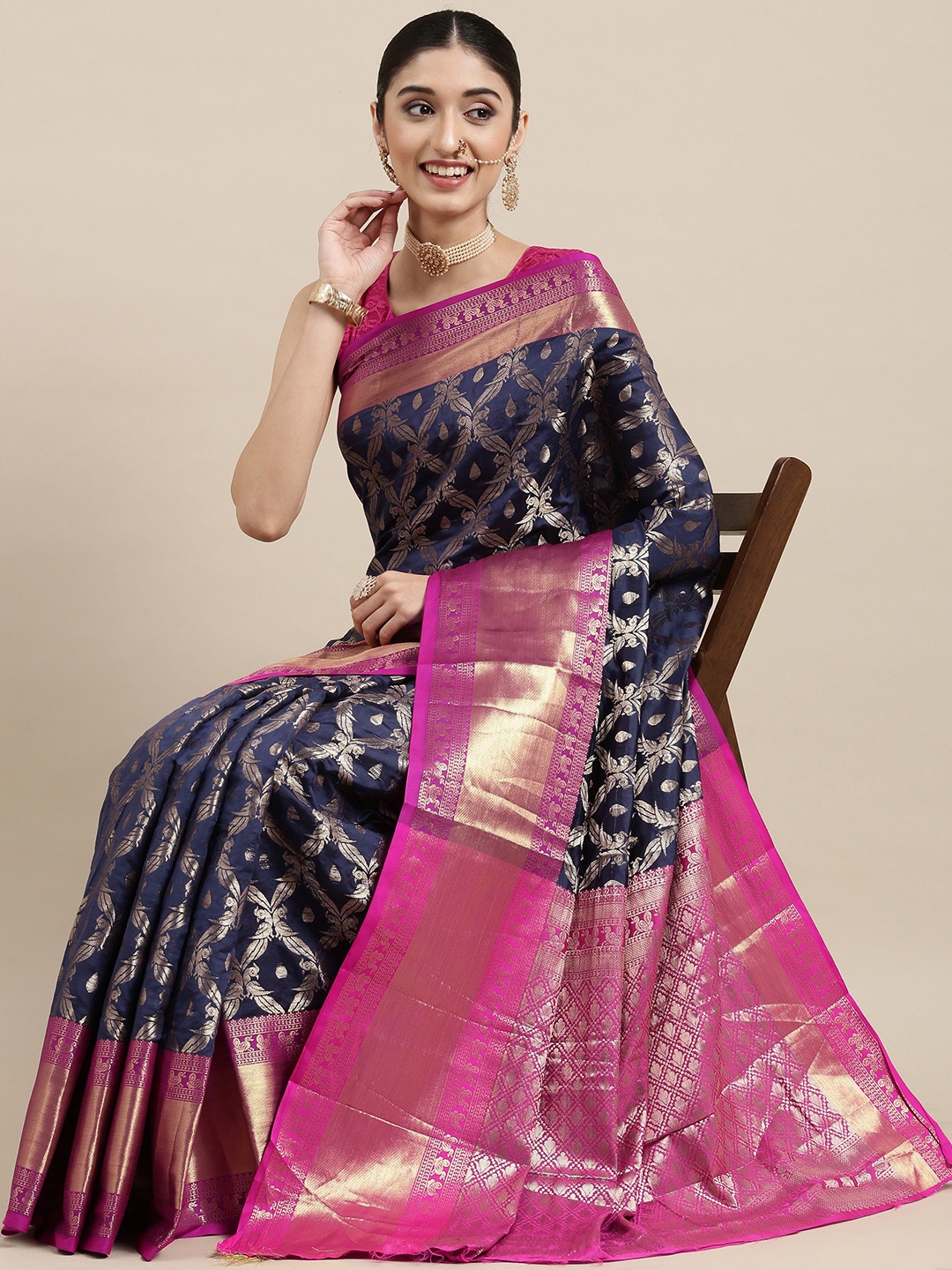 

PERFECTBLUE Navy Blue & Pink Ethnic Motifs Silk Blend Saree
