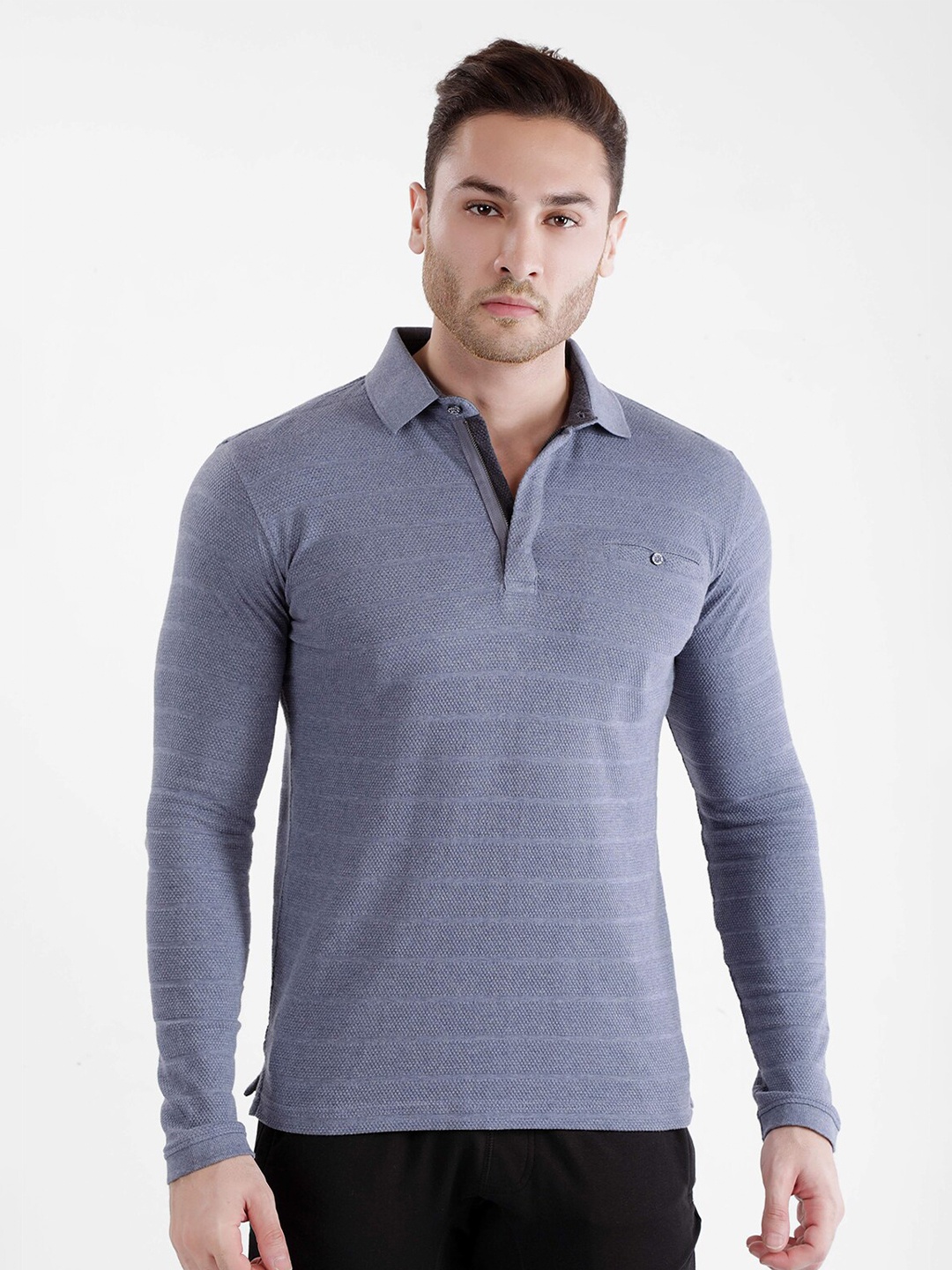 

Dream of Glory Inc Men Blue Striped Polo Collar Outdoor T-shirt