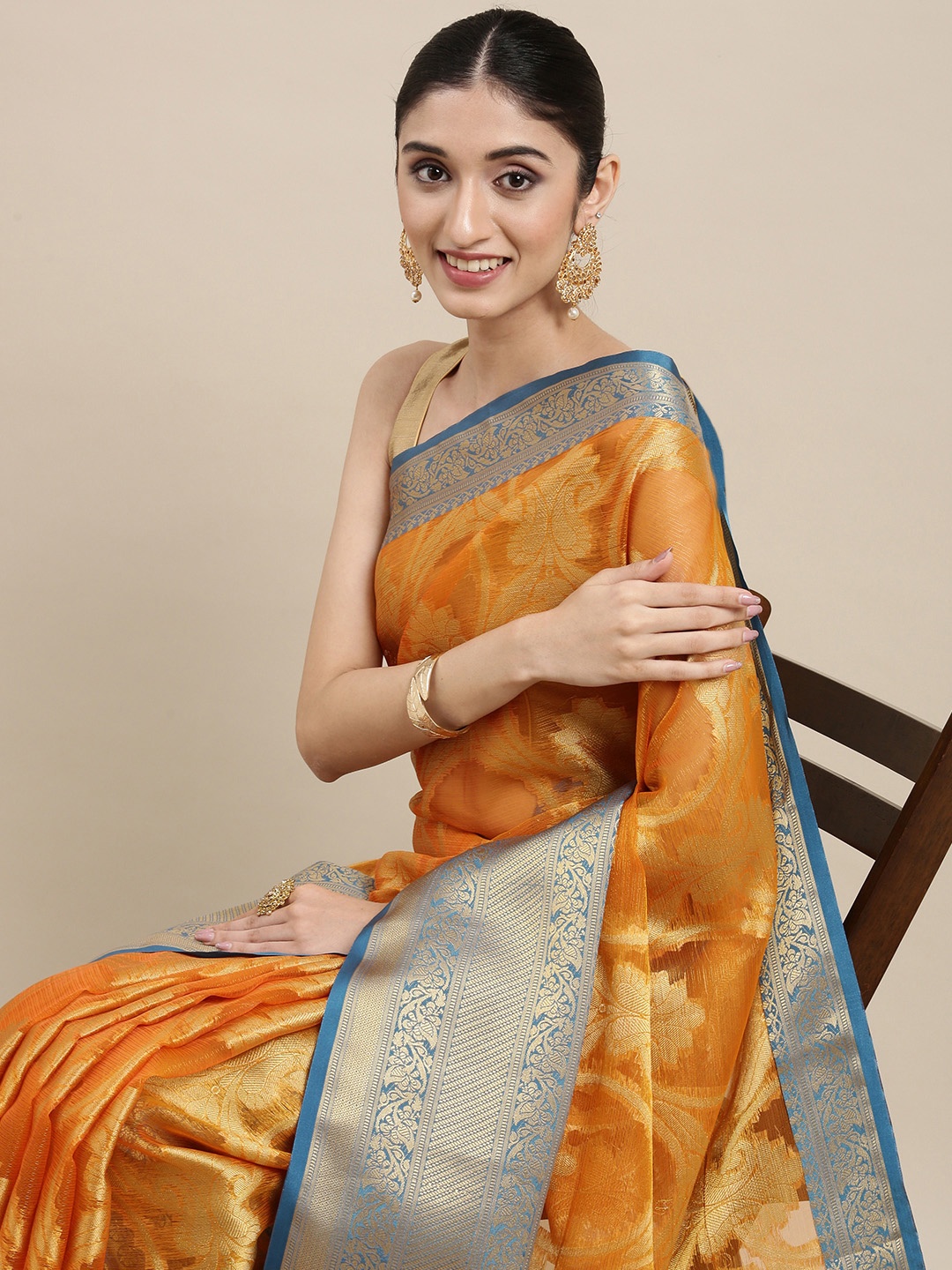 

PERFECTBLUE Orange & Blue Silk Blend Saree