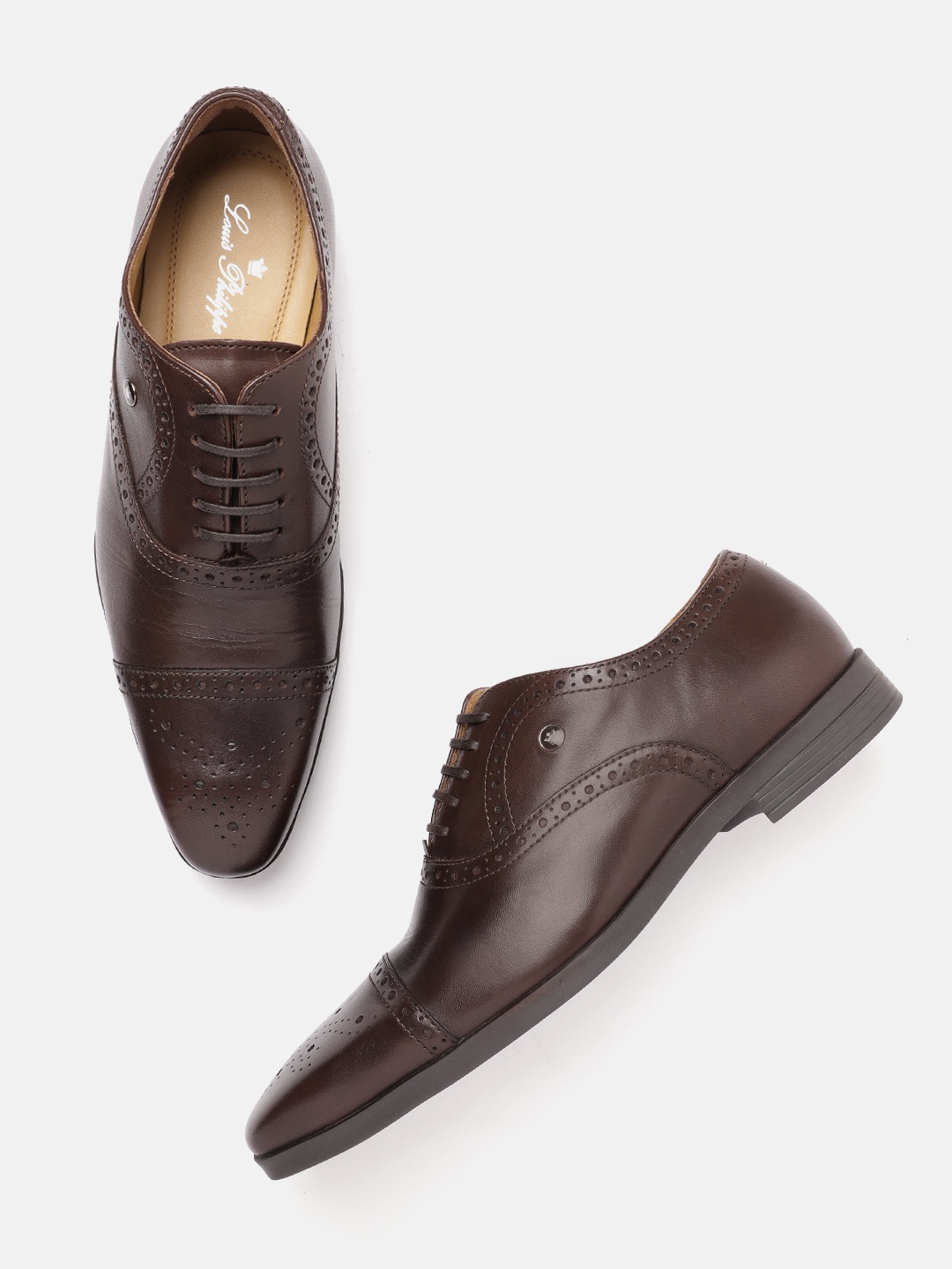 

Louis Philippe Men Leather Formal Oxfords with Brogues Detail, Brown