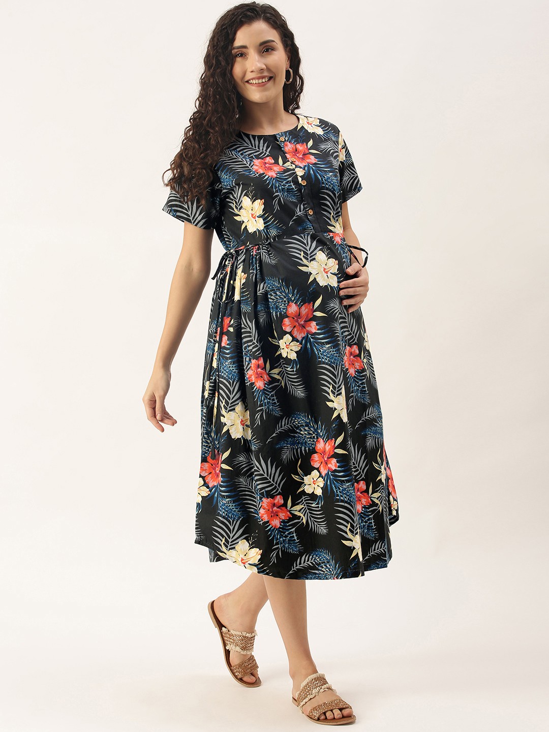 

Nejo Black & Coral Tropical Maternity A-Line Dress