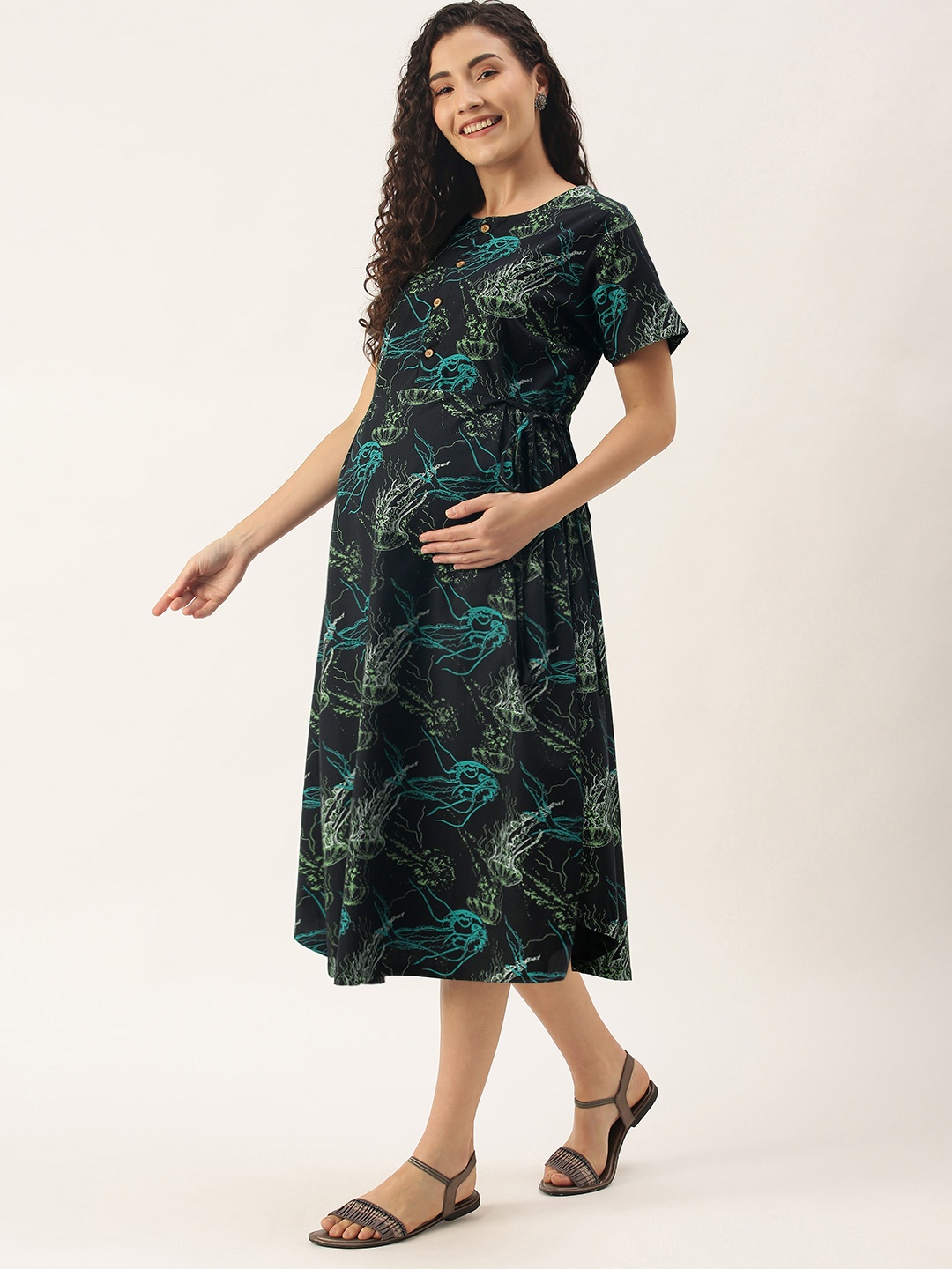 

Nejo Black & Teal Animal Maternity A-Line Midi Dress