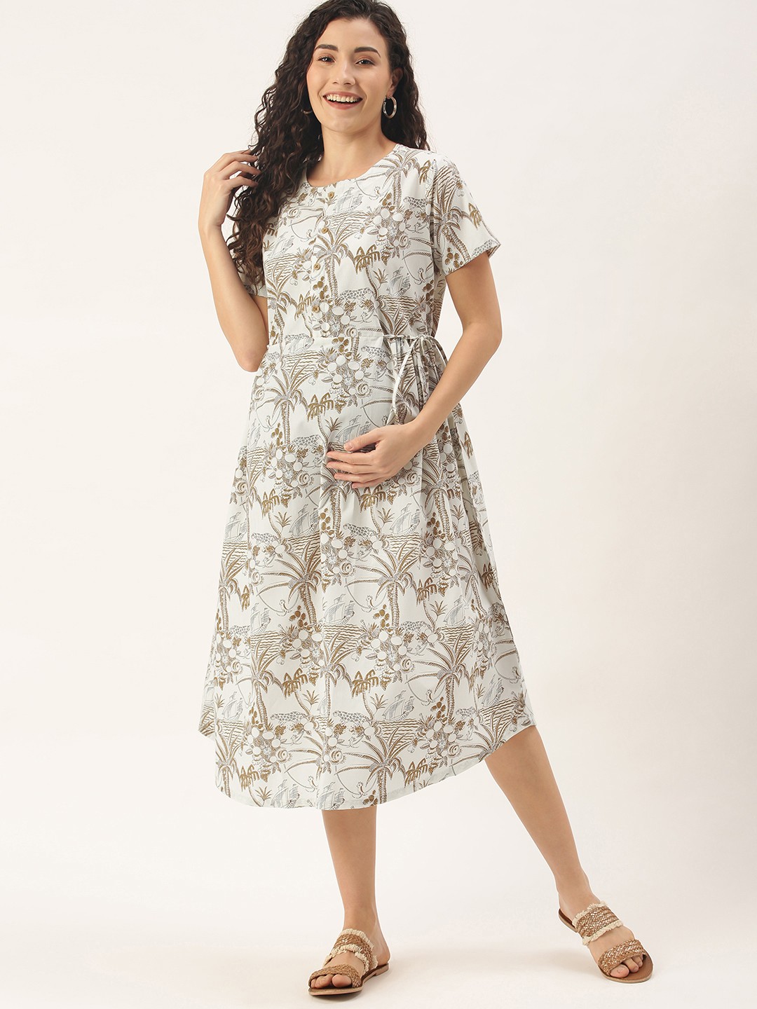 

Nejo Off White & Gold-Toned Tropical Maternity A-Line Dress