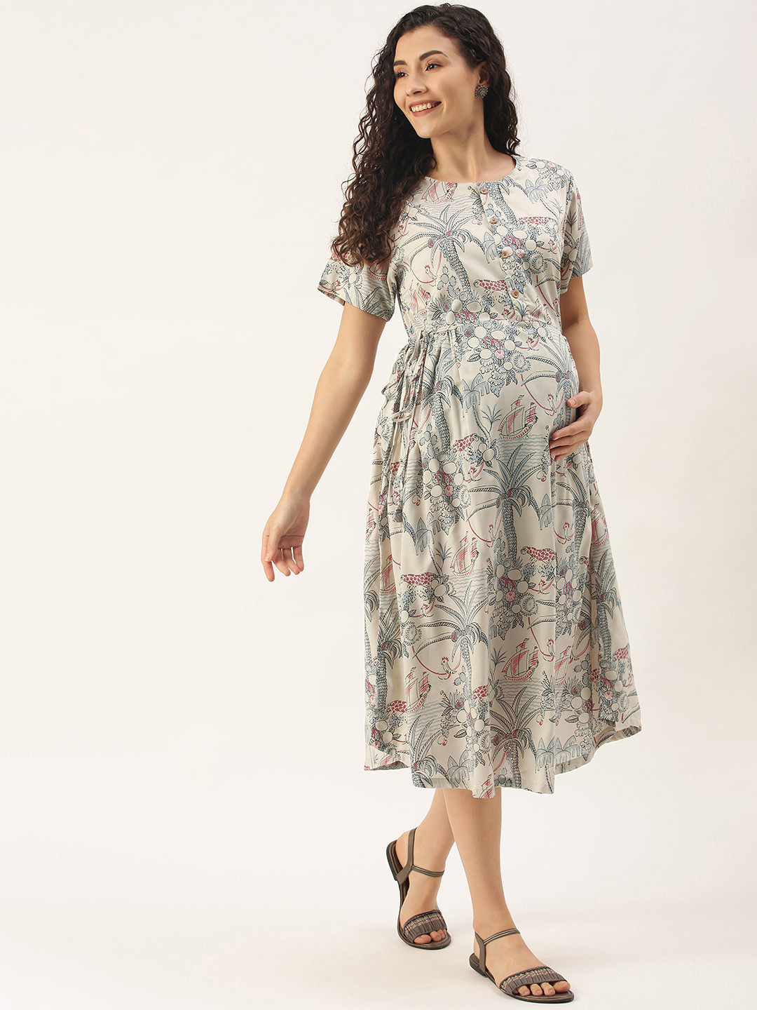 

Nejo White & Grey Tropical Maternity A-Line Dress