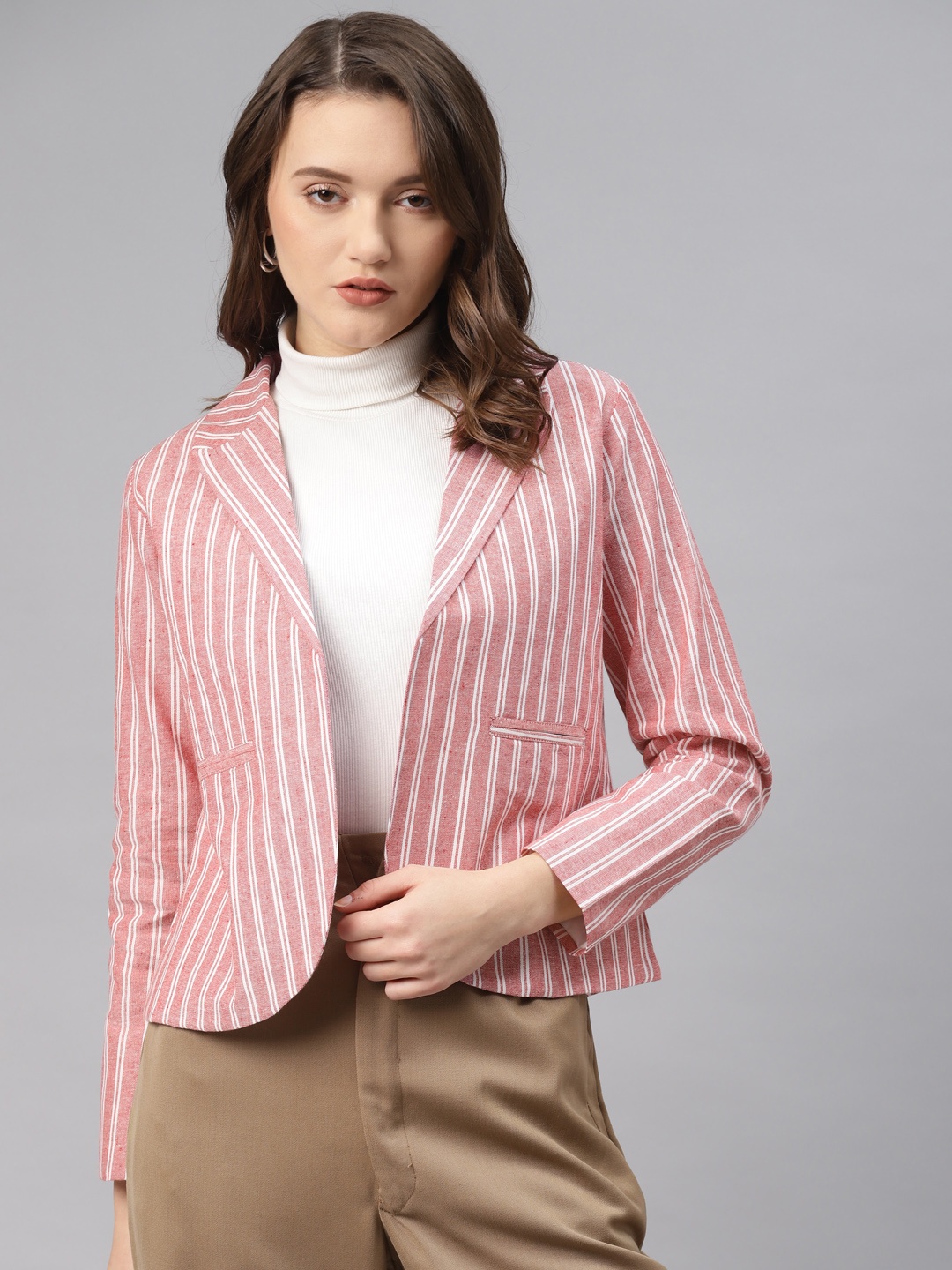 

Cottinfab Women Pink & White Cotton Striped Front Open Blazer