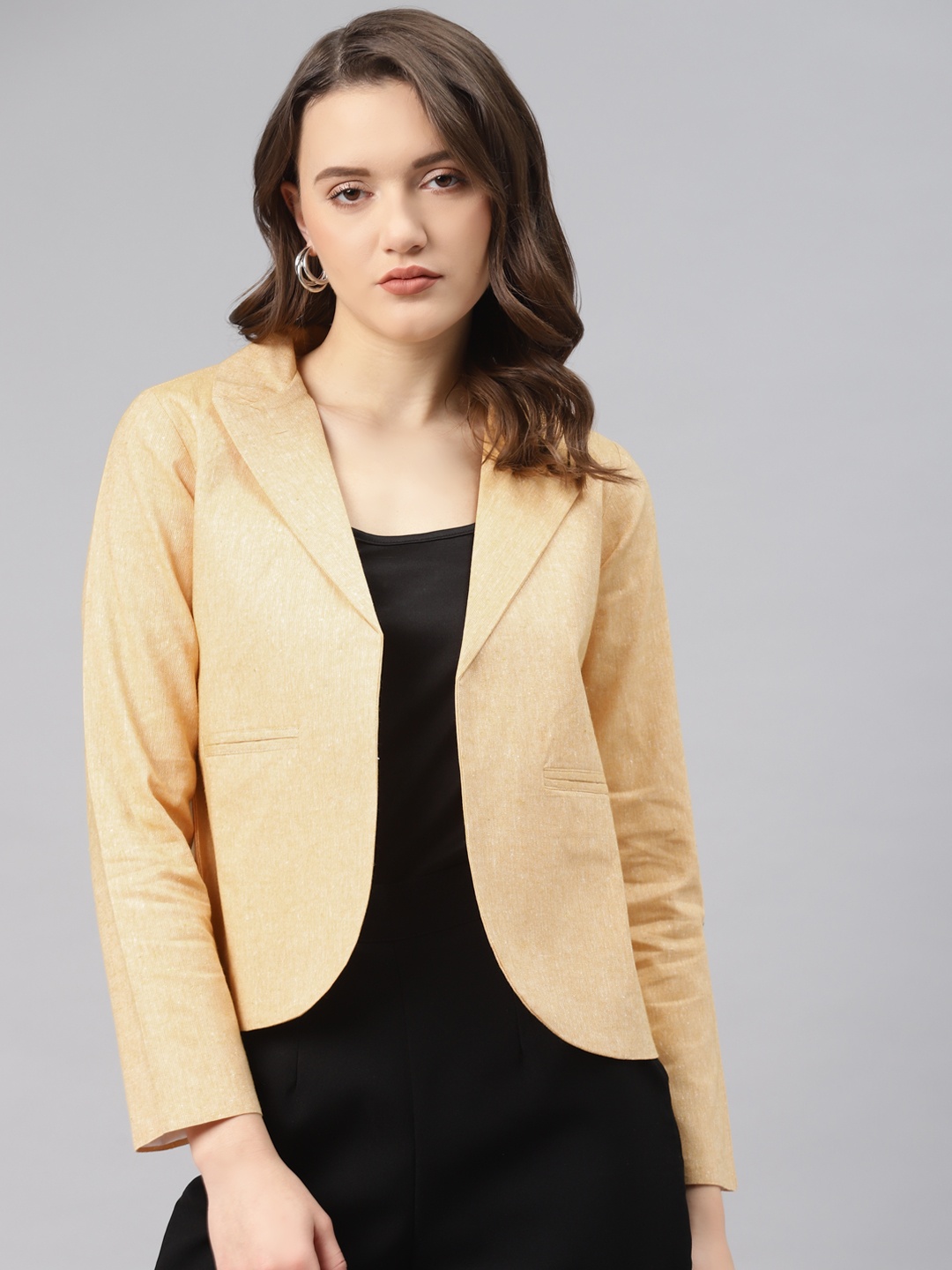 

Cottinfab Women Beige Woven Design Cotton Formal Front Open Blazer