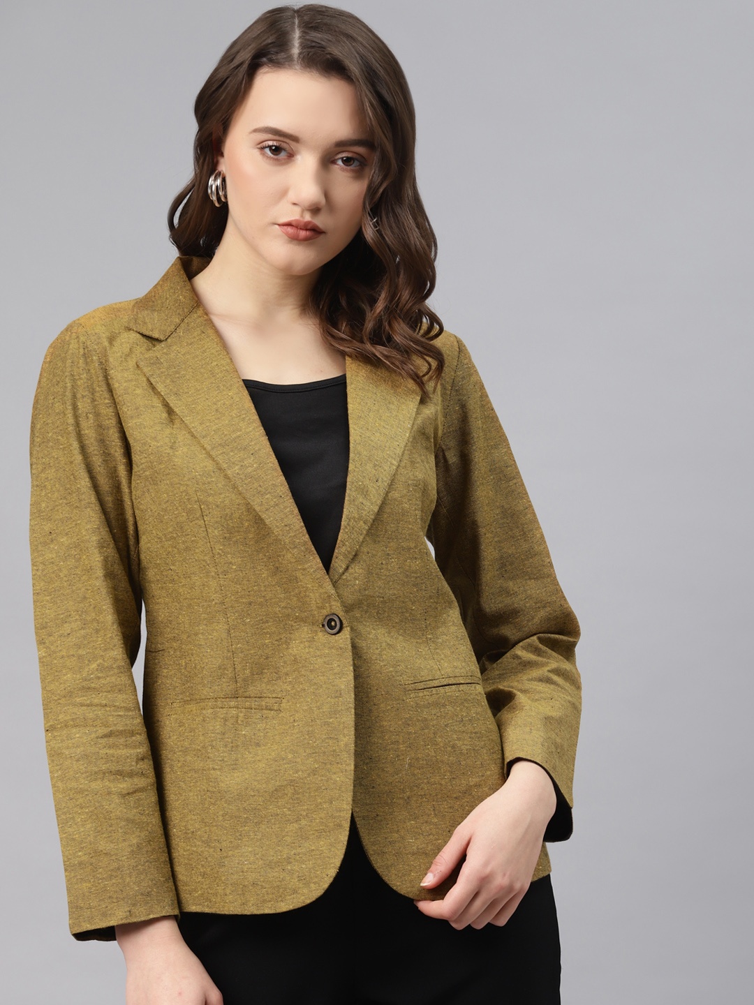 

Cottinfab Women Olive Green Woven Design Cotton Formal Single Breasted Blazer
