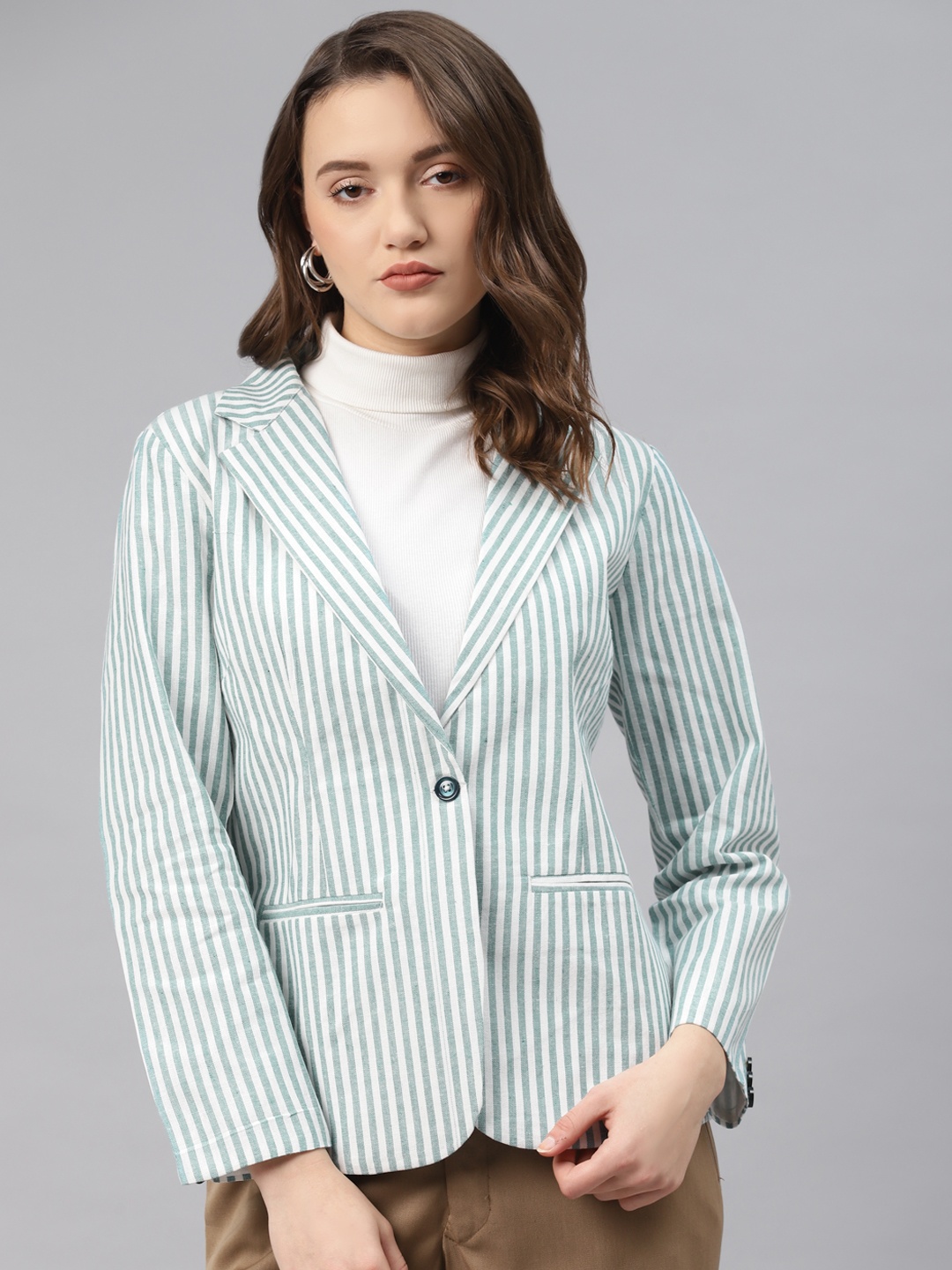 

Cottinfab Women White & Green Striped Cotton Formal Single Breasted Blazer