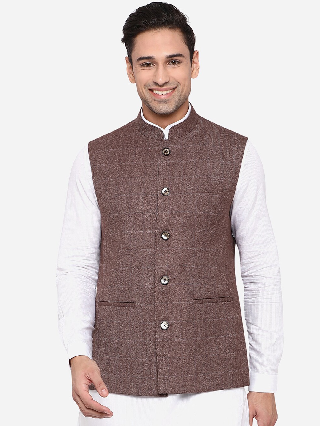 

JADE BLUE Men Brown Checked Woven Nehru Jacket