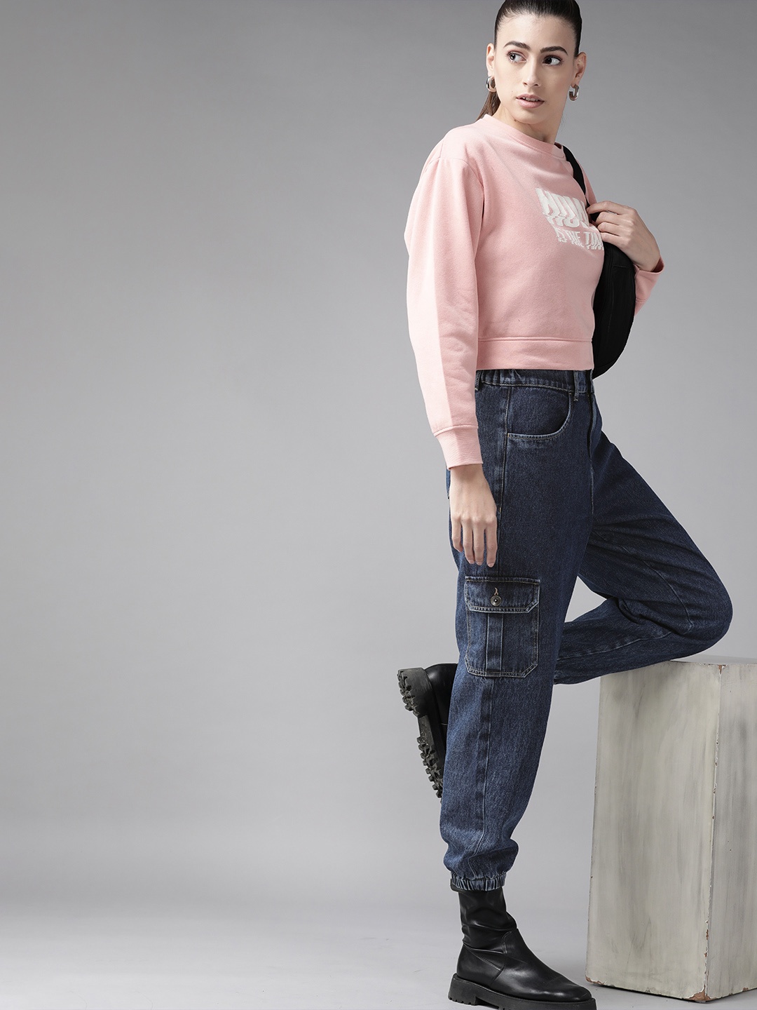 

The Roadster Lifestyle Co Women Navy Blue Pure Cotton High-Rise Jogger Jeans