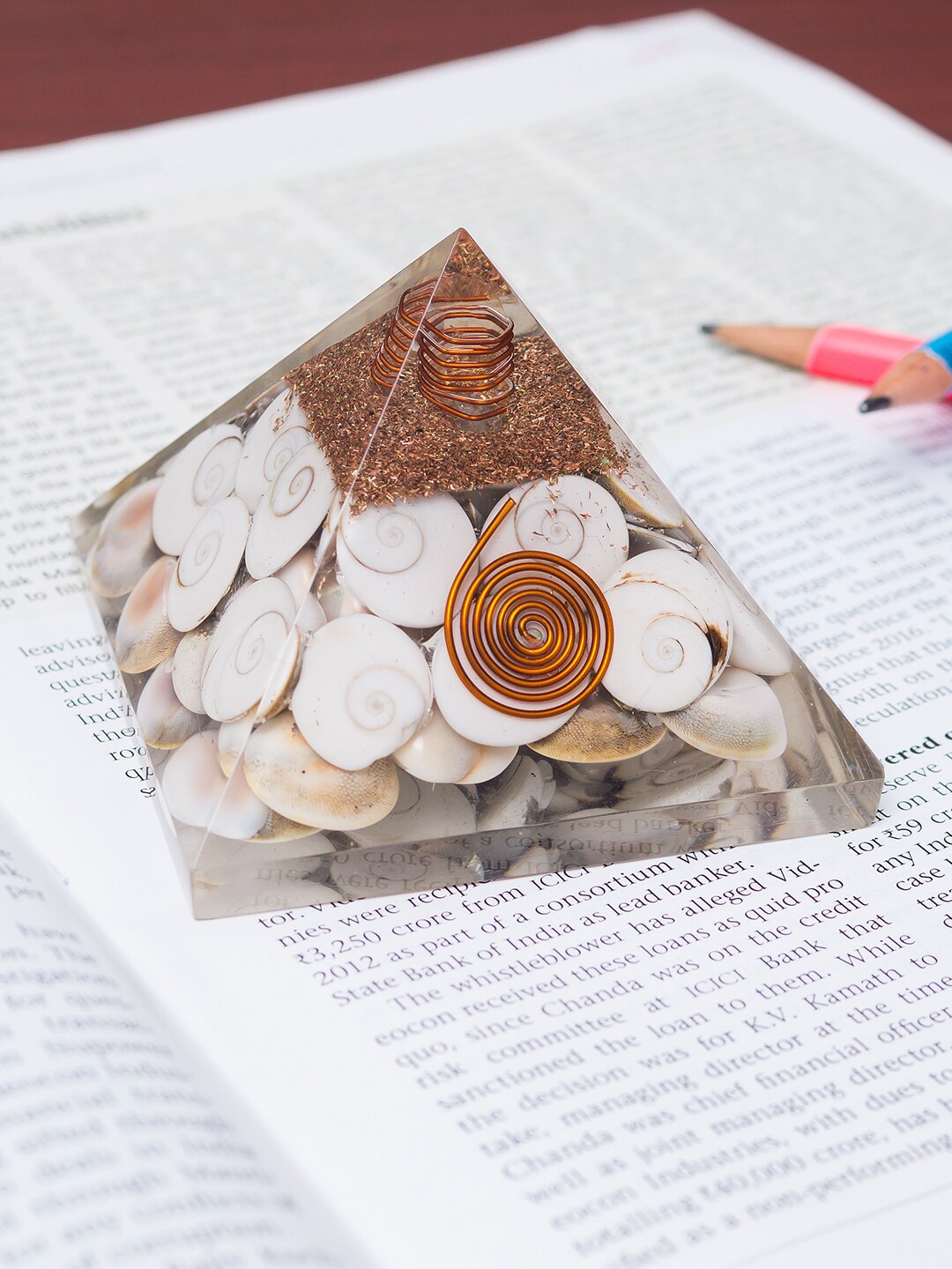 

Golden Peacock White & Brown Gomti Chakra Organite Pyramid Showpiece