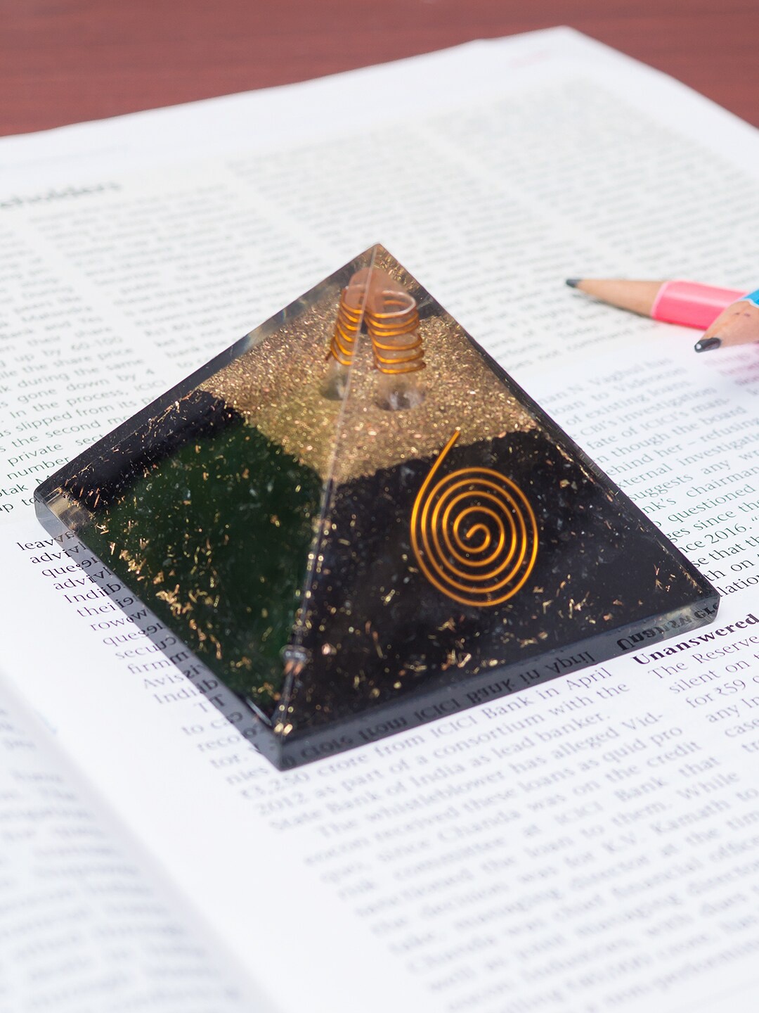 

Golden Peacock Black & Gold-Toned Tourmaline Pyramid Prism Showpiece